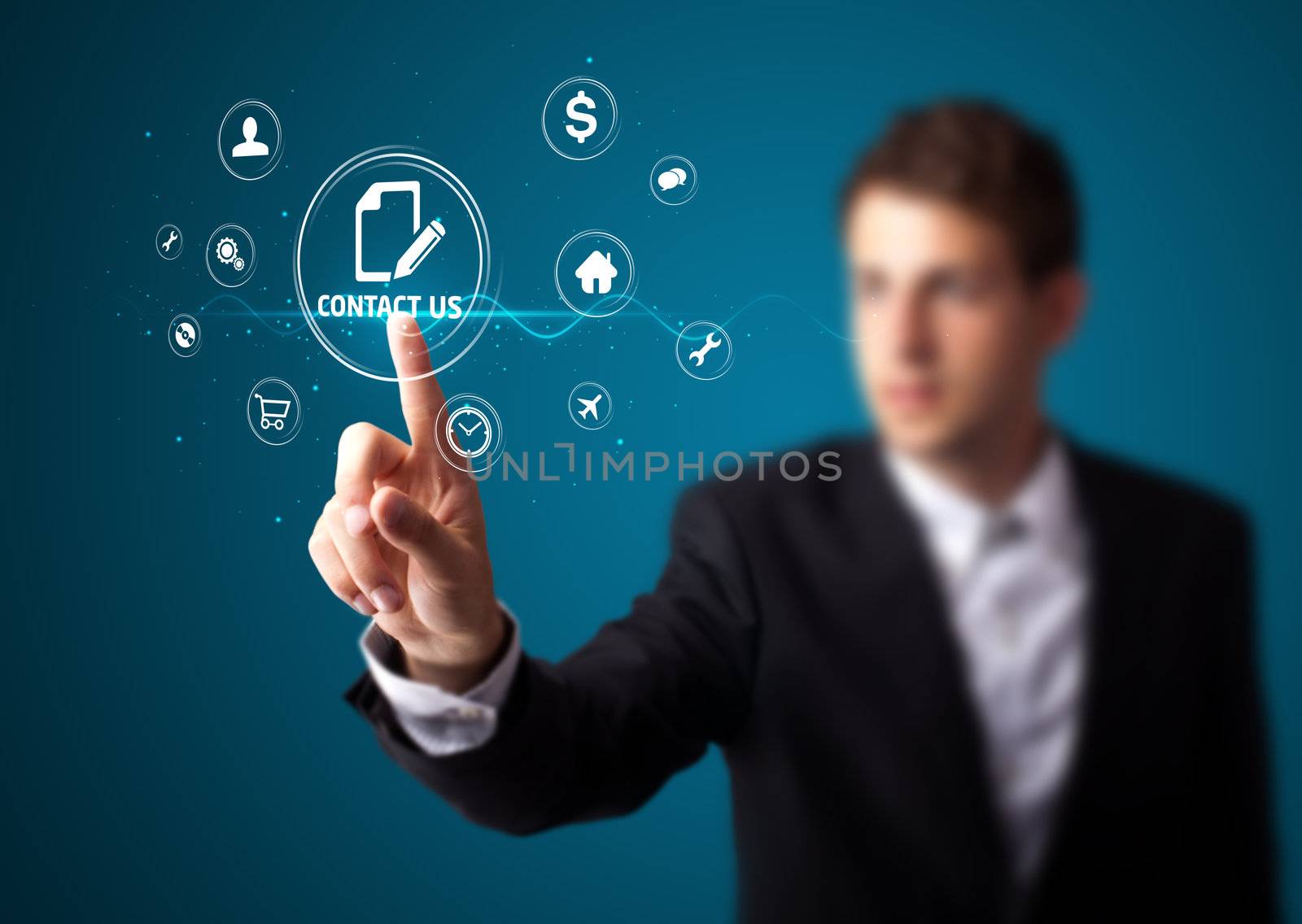 Businessman pressing messaging type of modern icons with virtual background