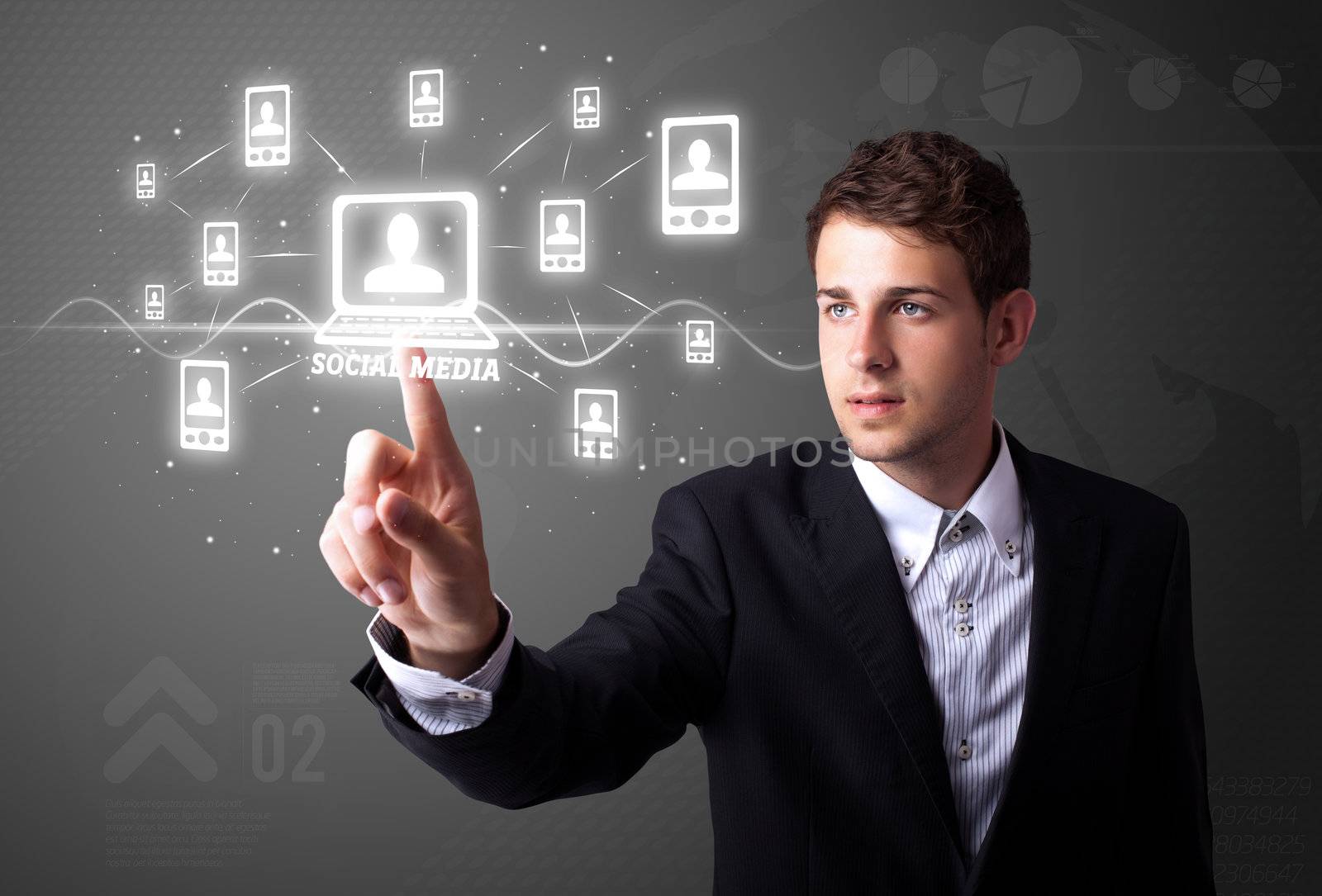 Businessman pressing modern social buttons on a virtual background