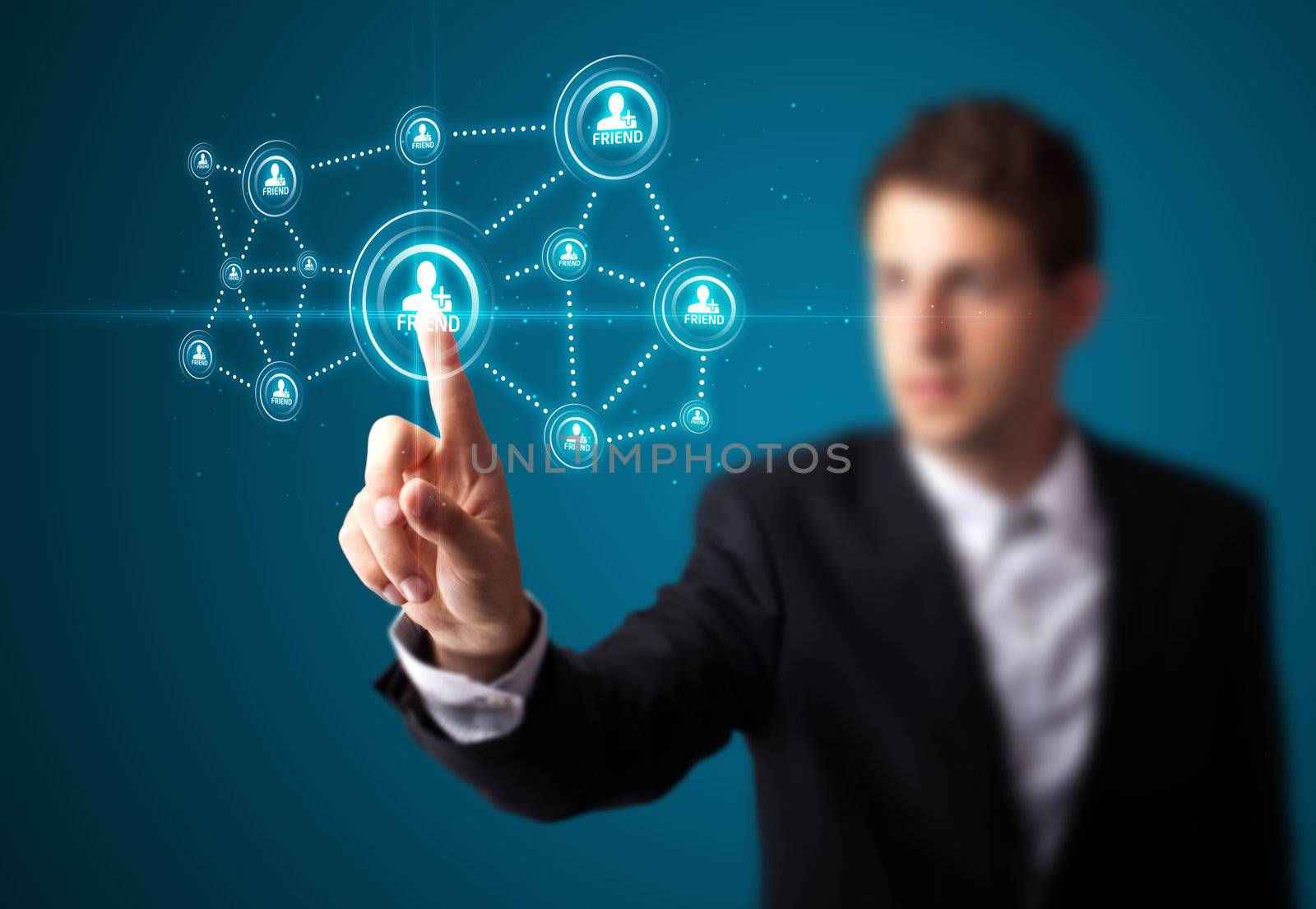 Businessman pressing modern social buttons on a virtual background