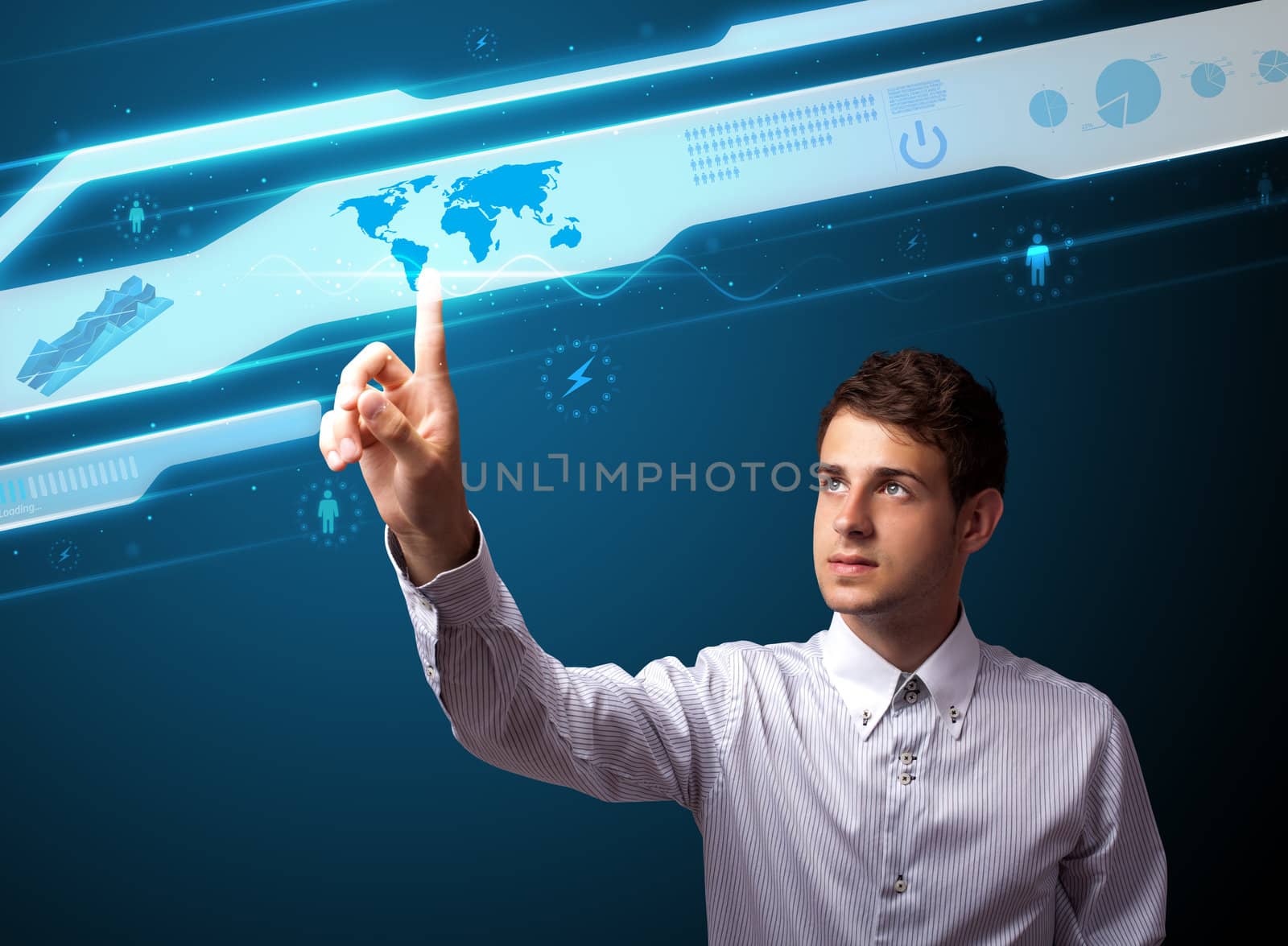 Businessman pressing high tech type of modern buttons on a virtual background