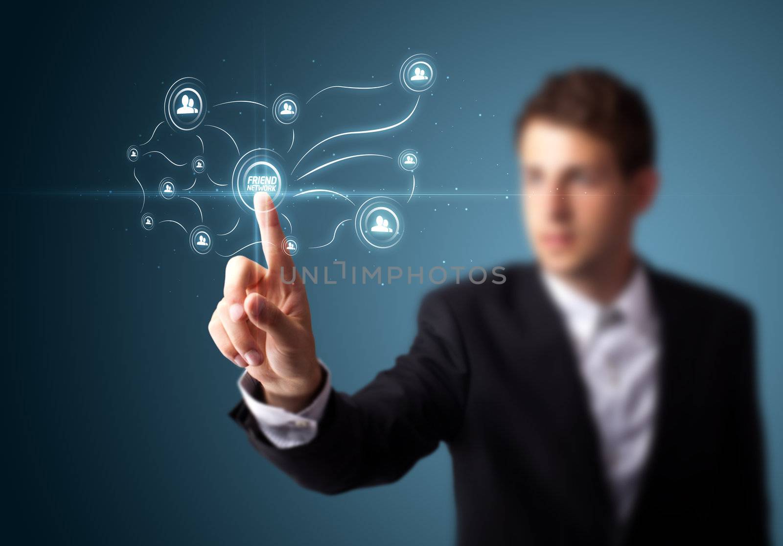 Businessman pressing modern social buttons on a virtual background