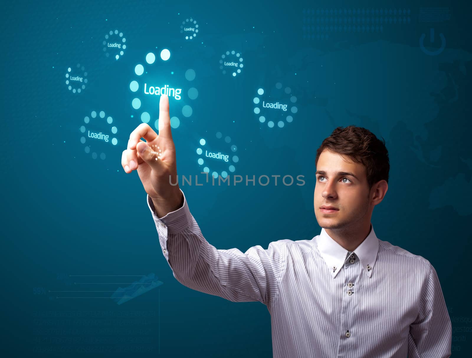 Businessman pressing simple start buttons on a virtual background