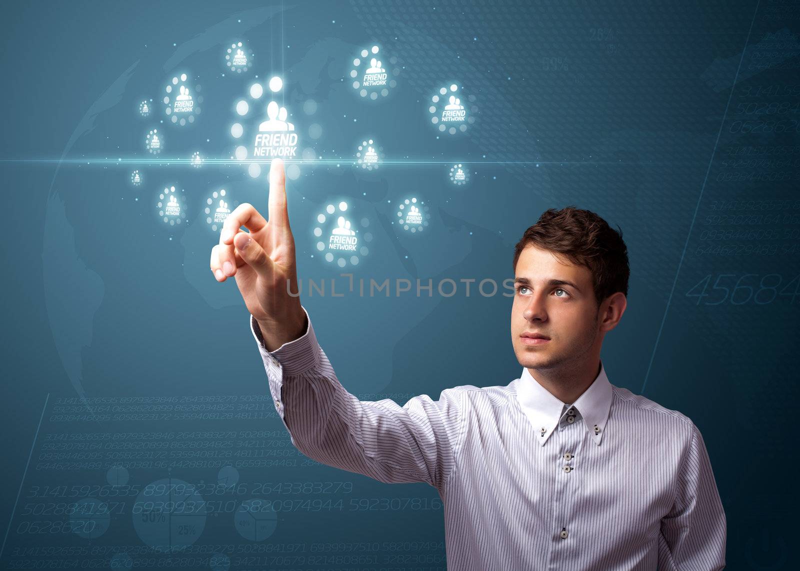 Businessman pressing modern social buttons on a virtual background