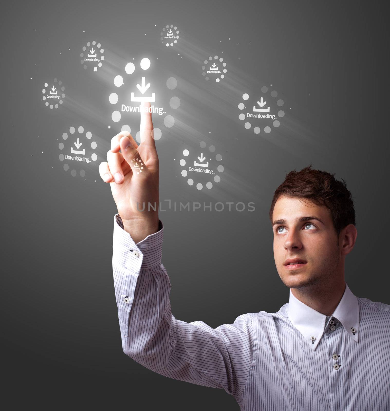 Businessman pressing simple start buttons on a virtual background