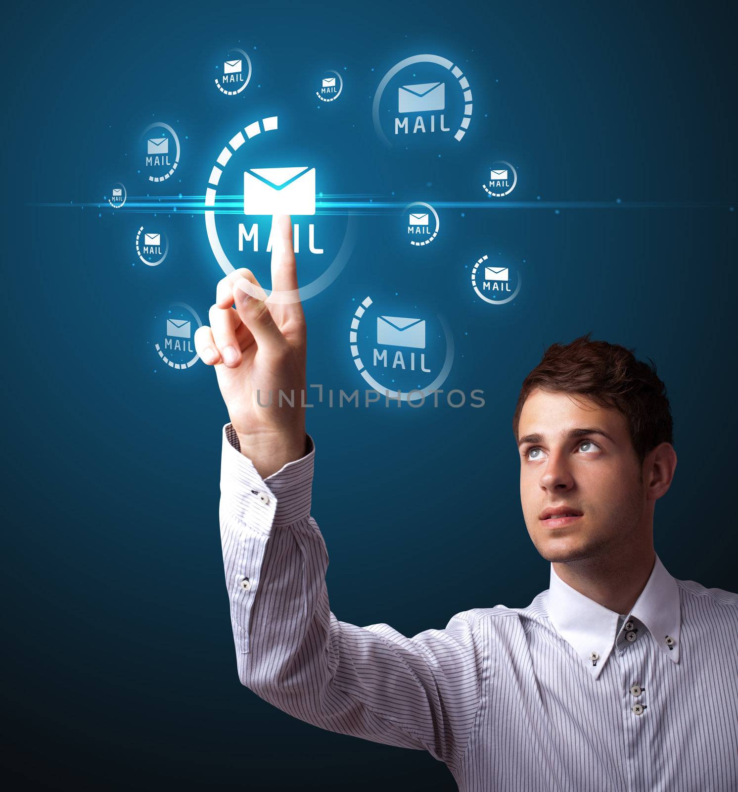 Businessman pressing messaging type of modern icons with virtual background