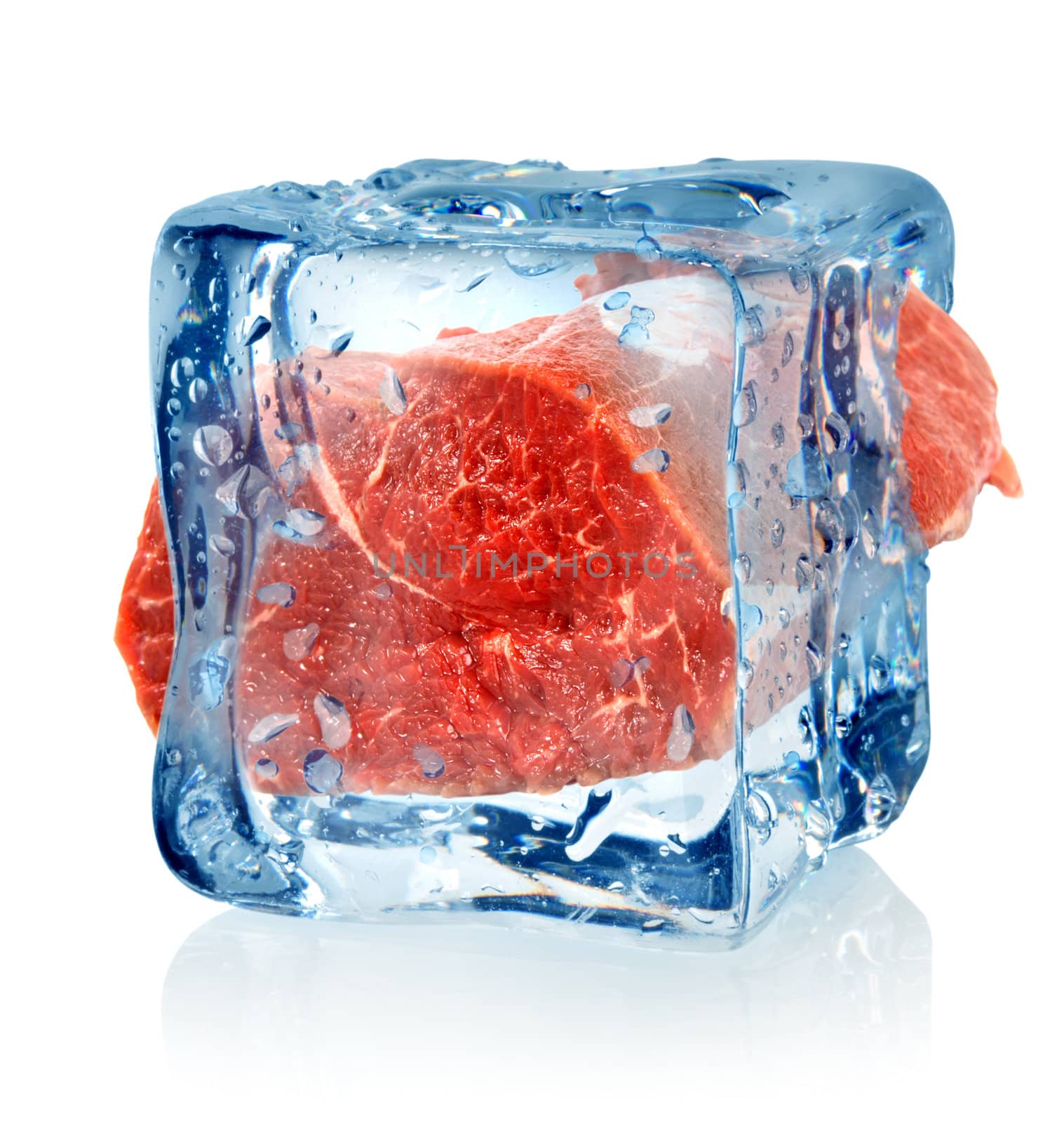Ice cube and beef isolated on a white background