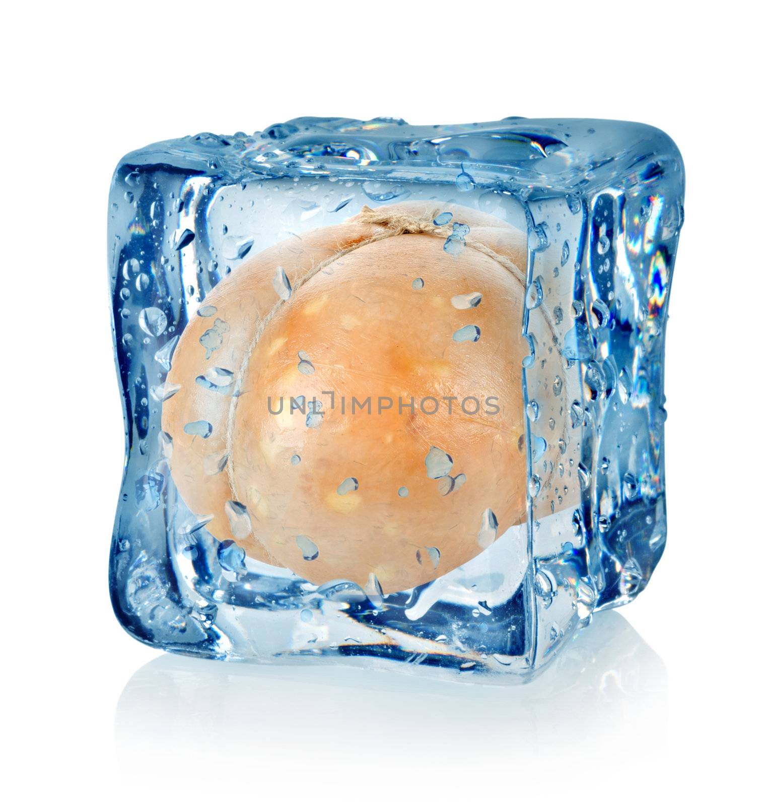 Ice cube and sausage isolated on a white background