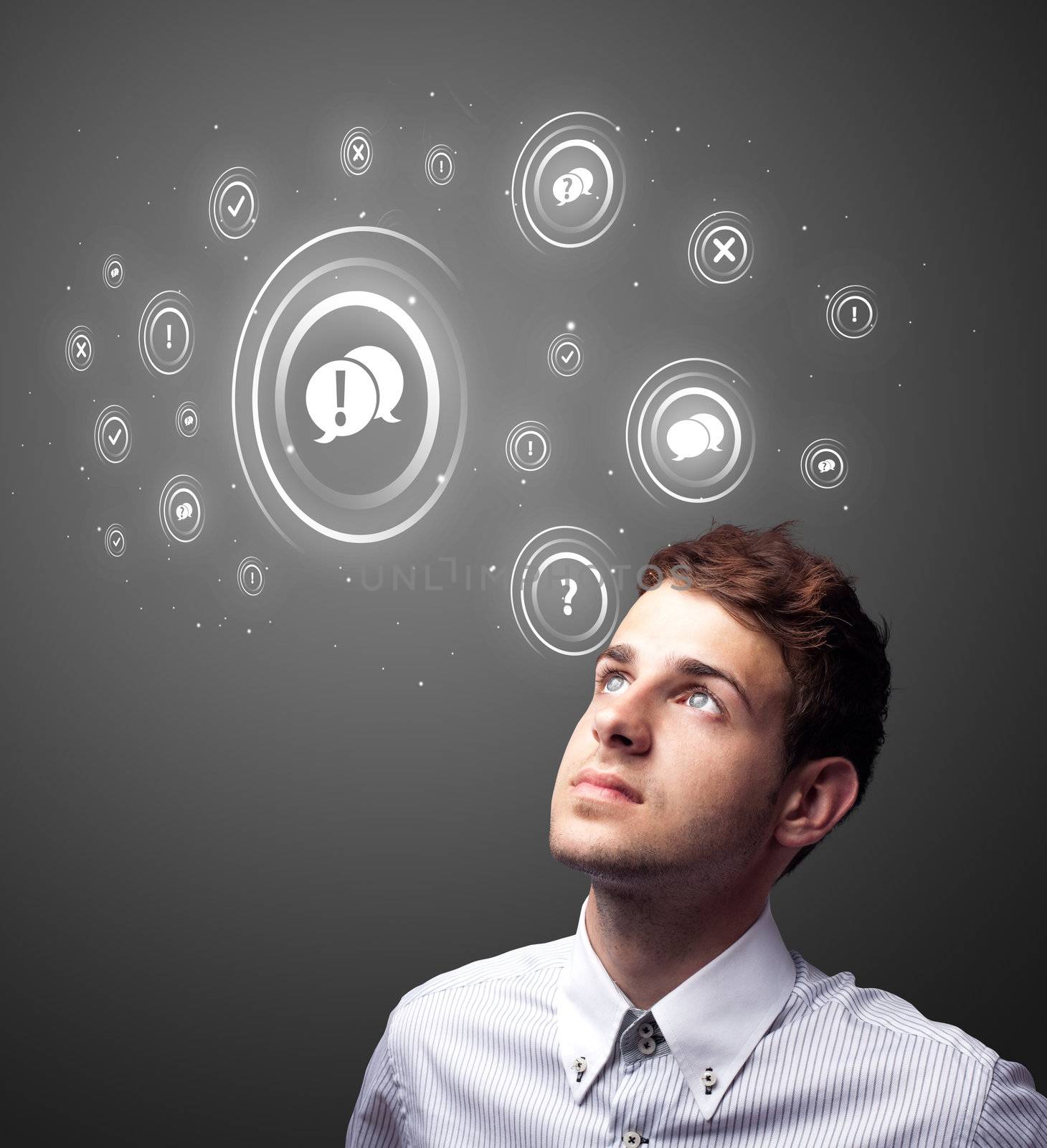 Businessman pressing modern social buttons on a virtual background