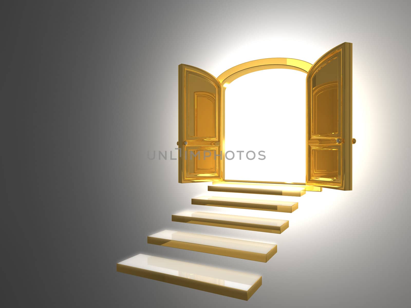 Big Golden Door opened on white with some gold steps