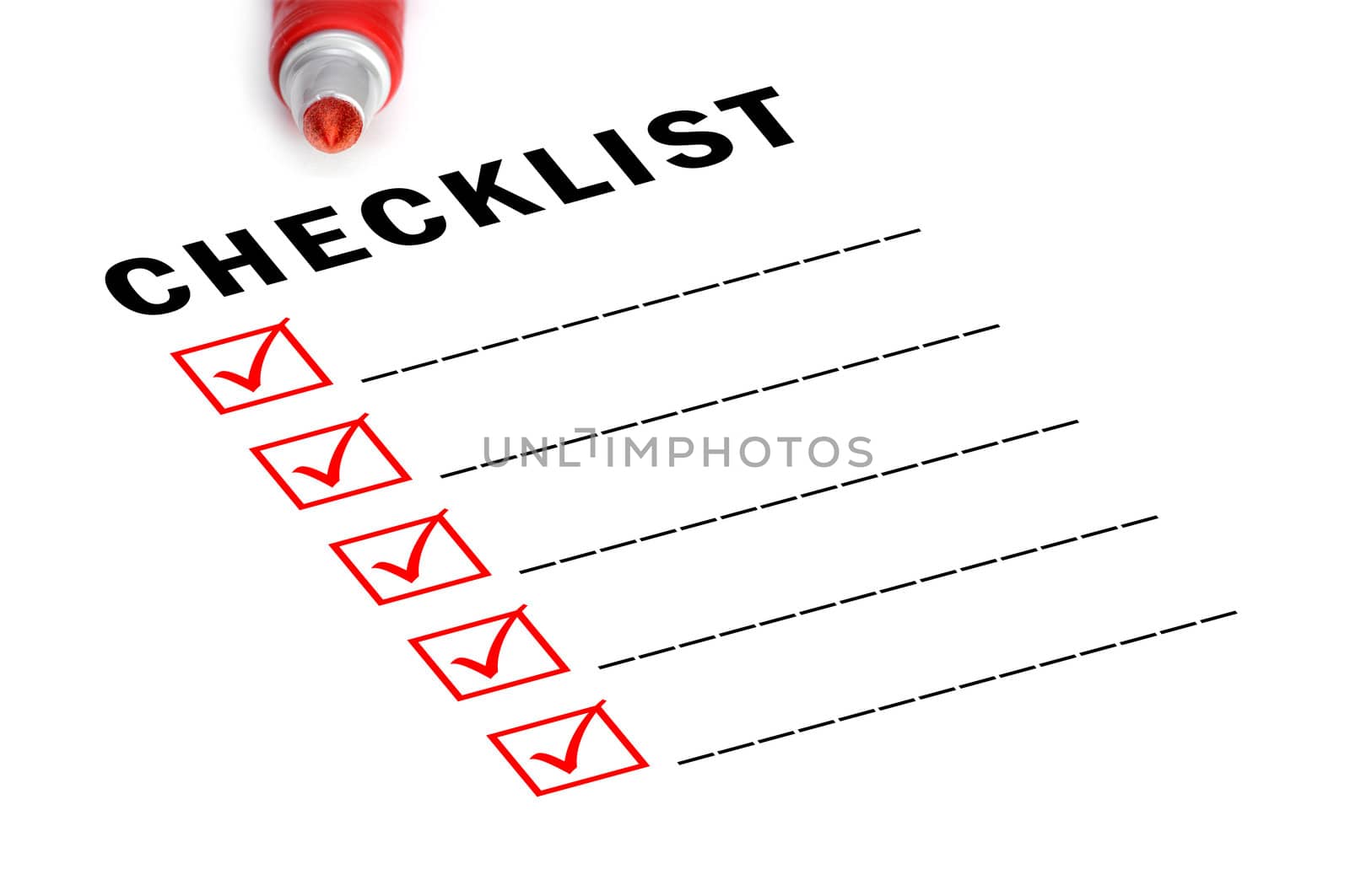 Checklist with red felt marker and checked boxes. 