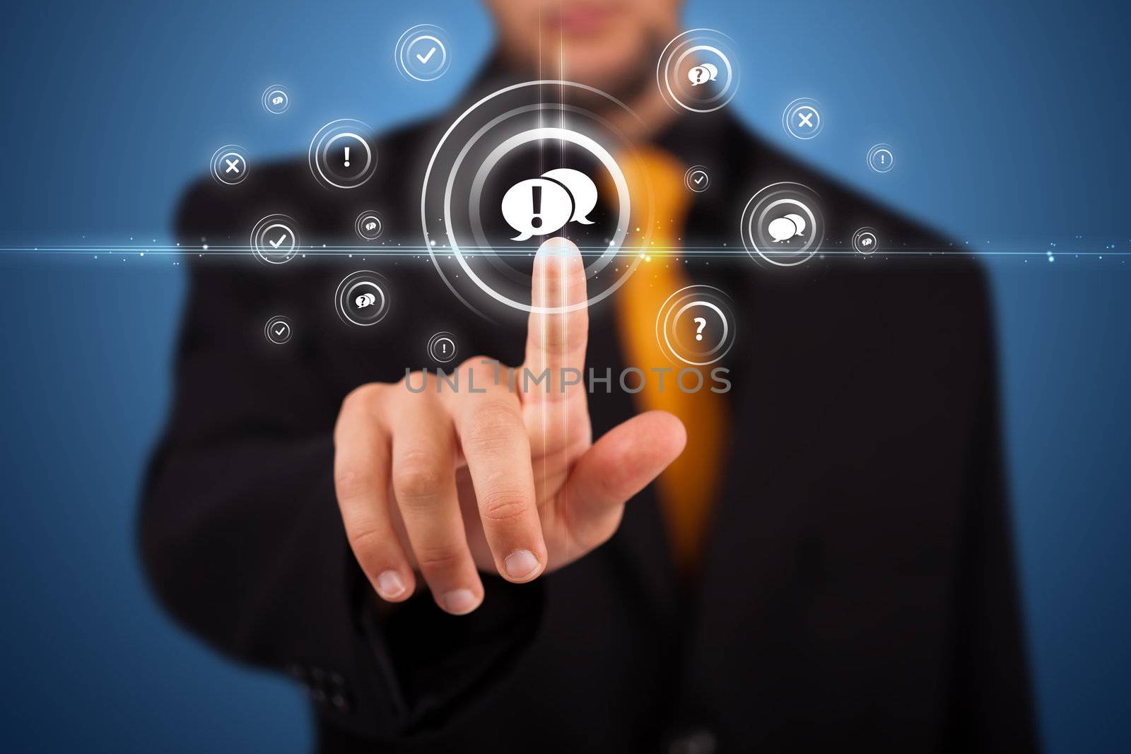 Businessman pressing messaging type of modern icons with virtual background