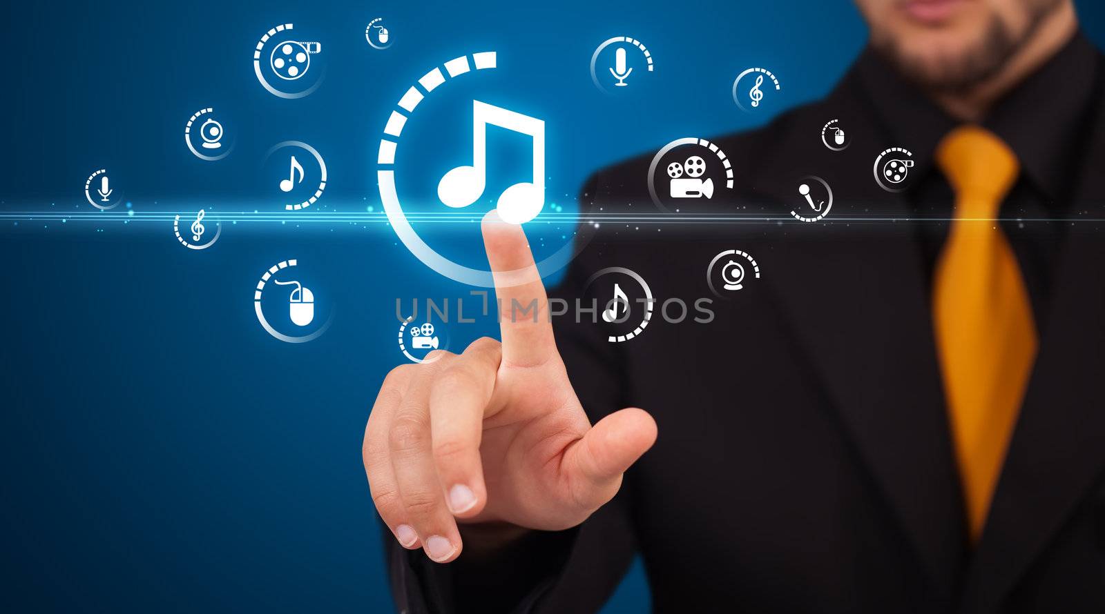 Businessman pressing multimedia type of modern buttons with virtual background