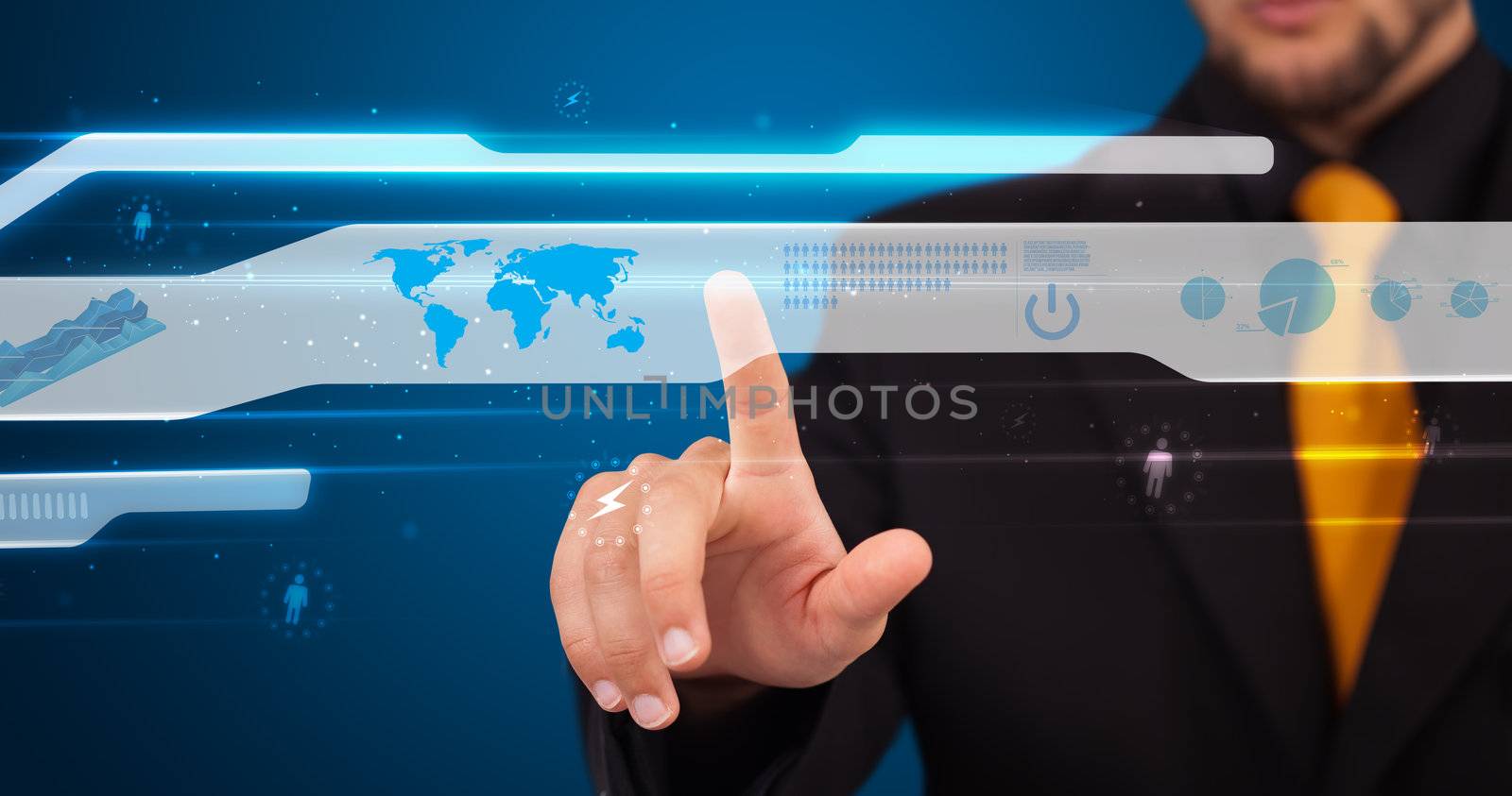 Businessman pressing high tech type of modern buttons on a virtual background