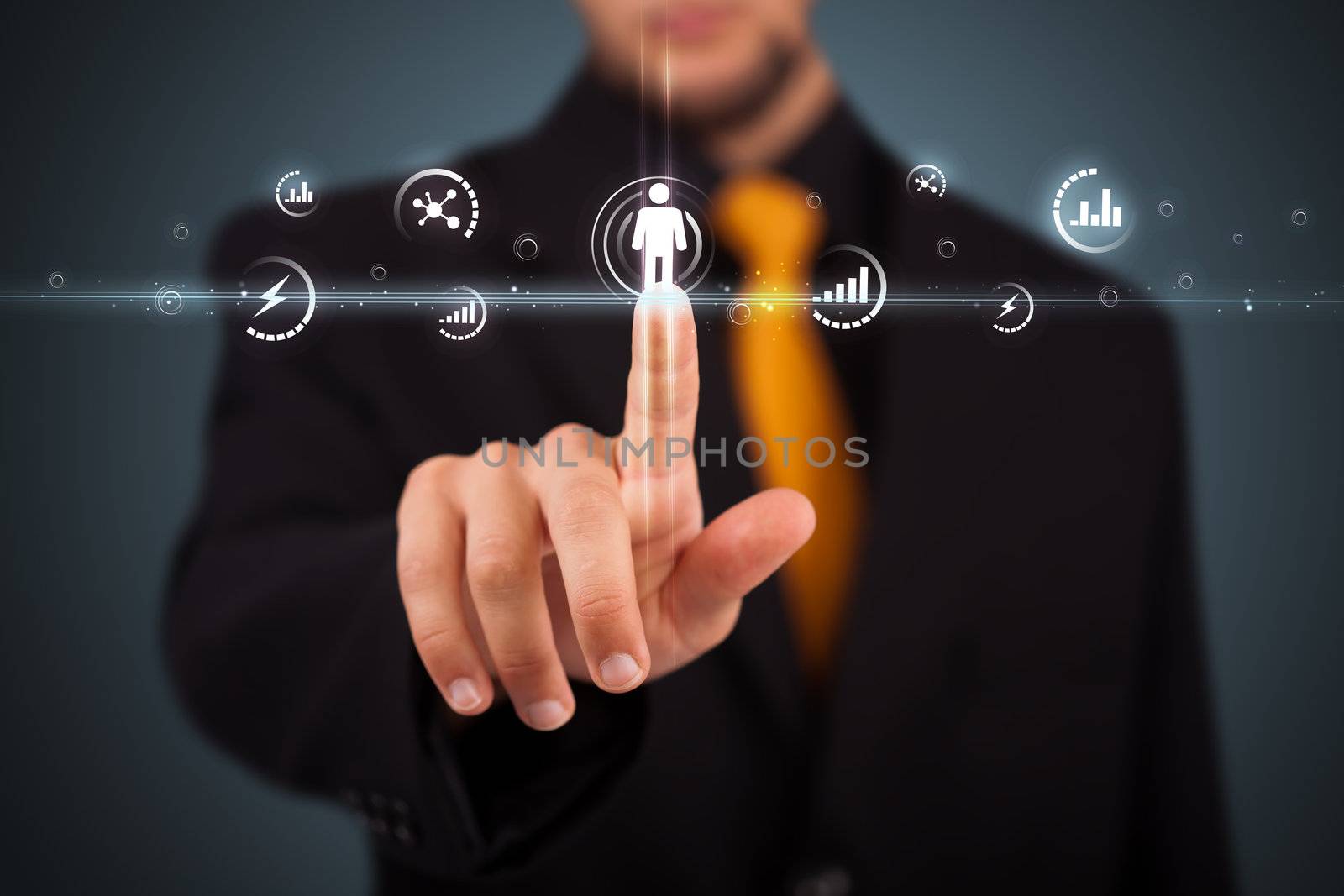 Businessman pressing modern social buttons on a virtual background