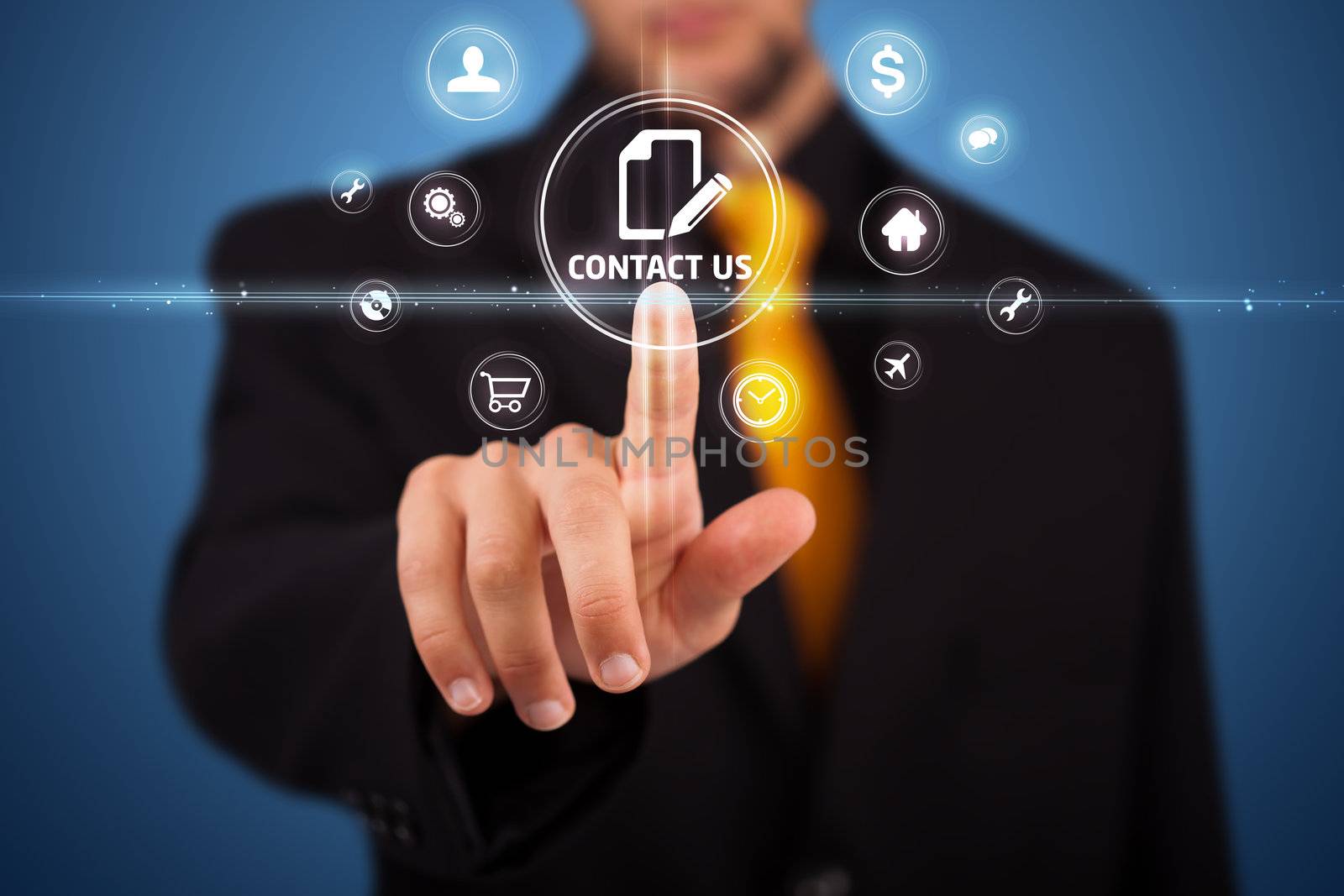 Businessman pressing messaging type of modern icons with virtual background