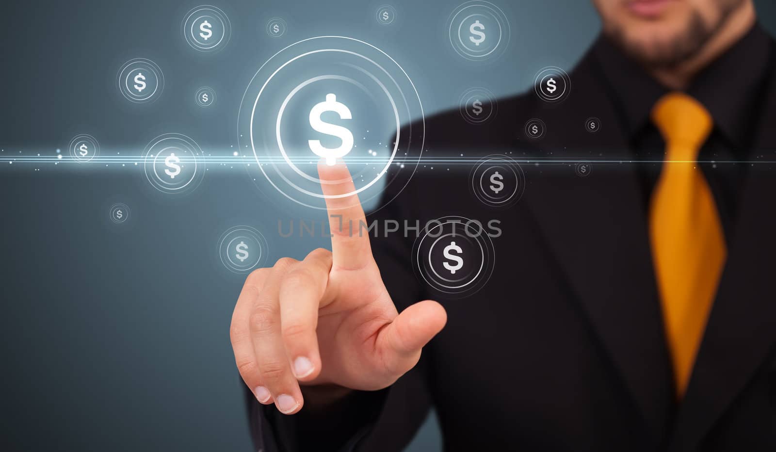 Businessman pressing business type of modern buttons with virtual background