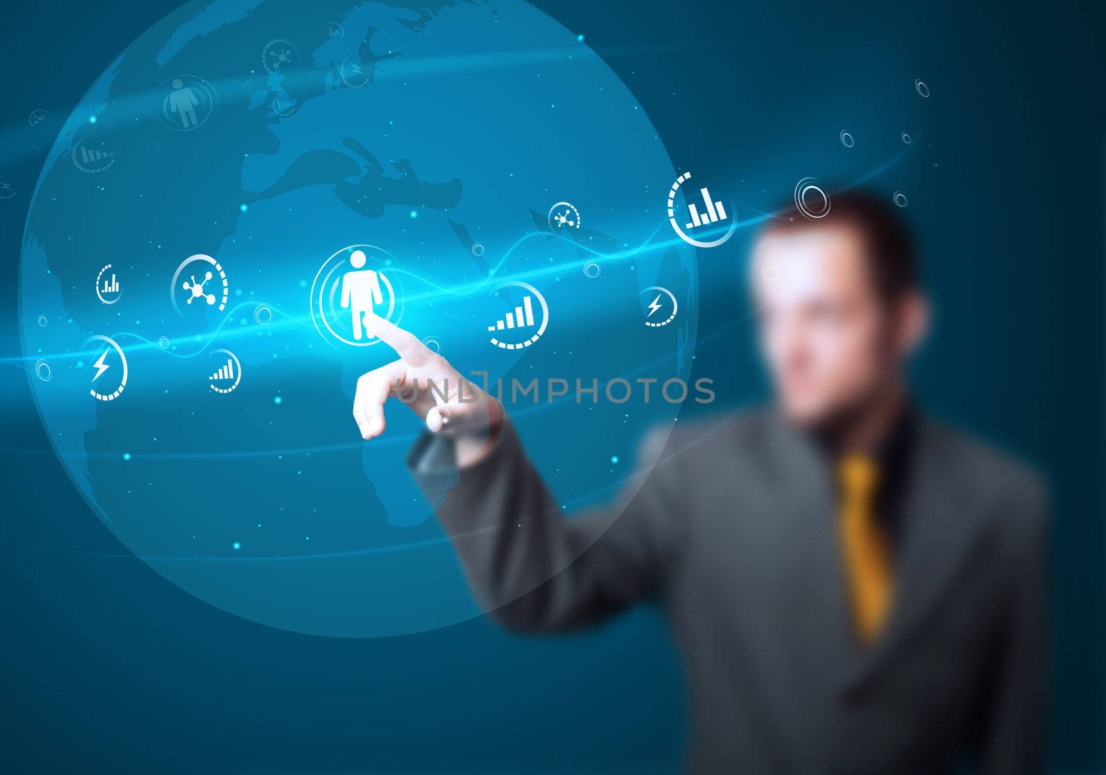 Businessman pressing modern social buttons on a virtual background