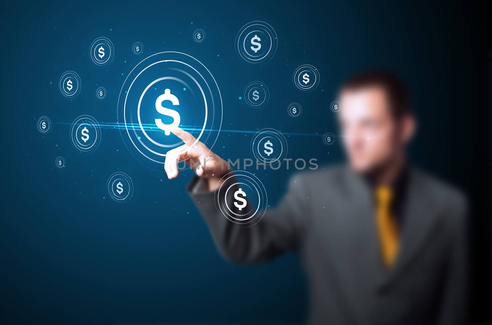 Businessman pressing business type of modern buttons with virtual background