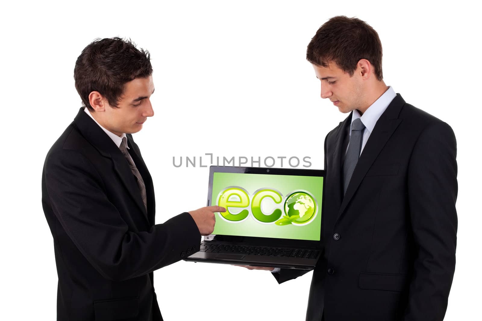 Business man pointing at eco laptop by ra2studio