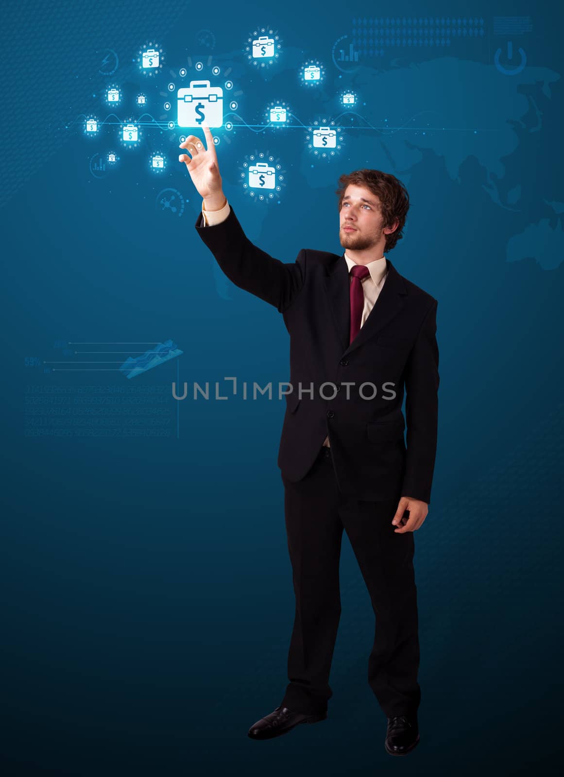 Businessman pressing business type of modern buttons with virtual background