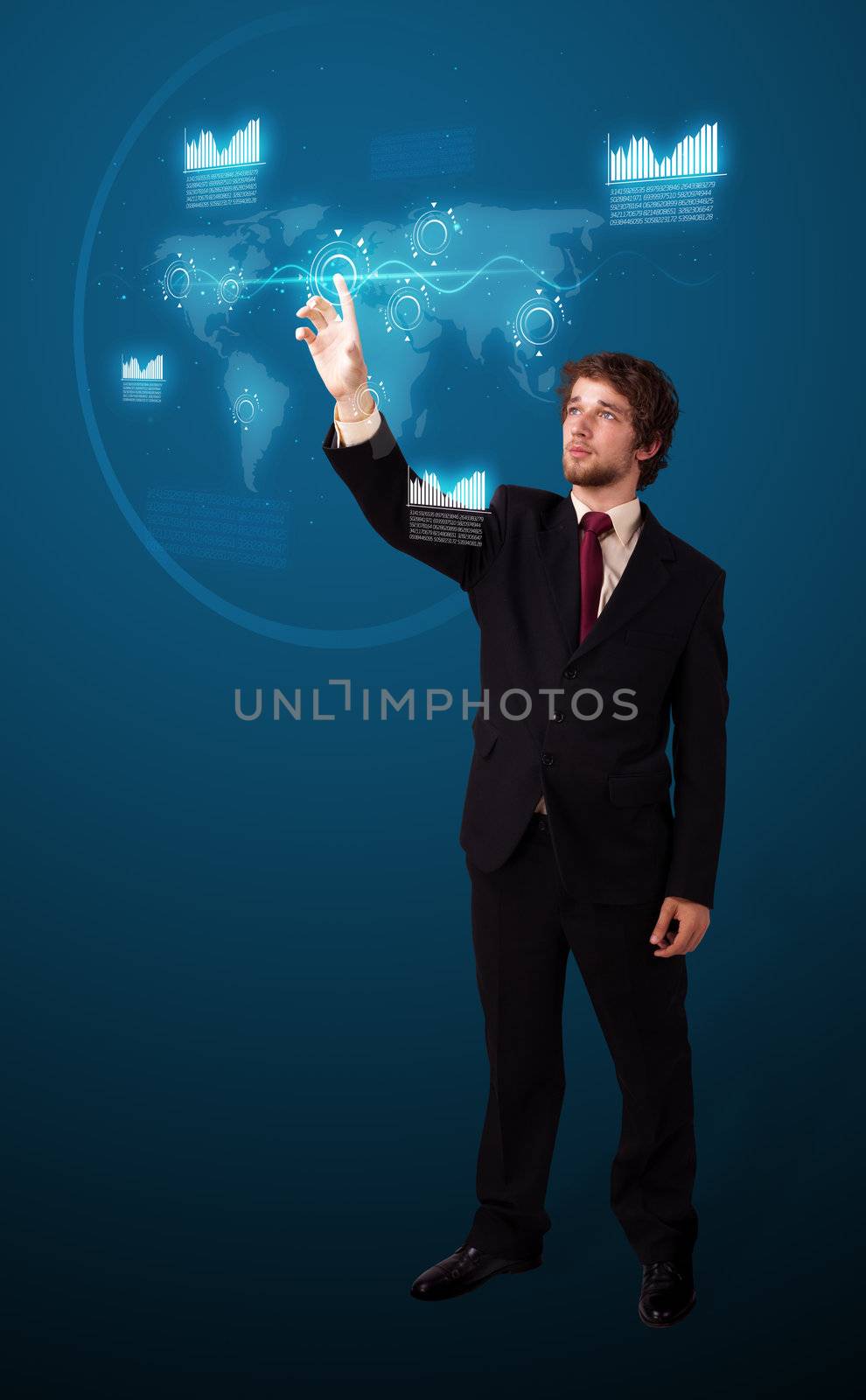 Businessman pressing high tech type of modern buttons on a virtual background