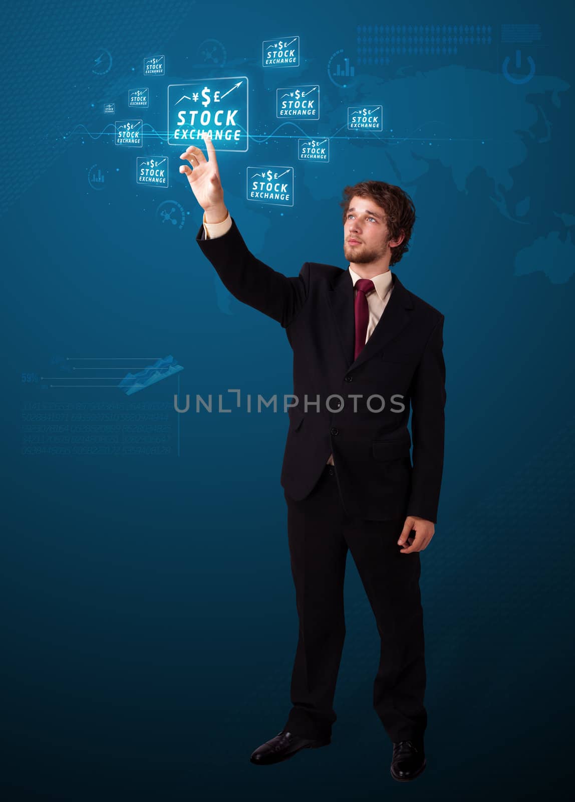 Businessman pressing business type of modern buttons with virtual background