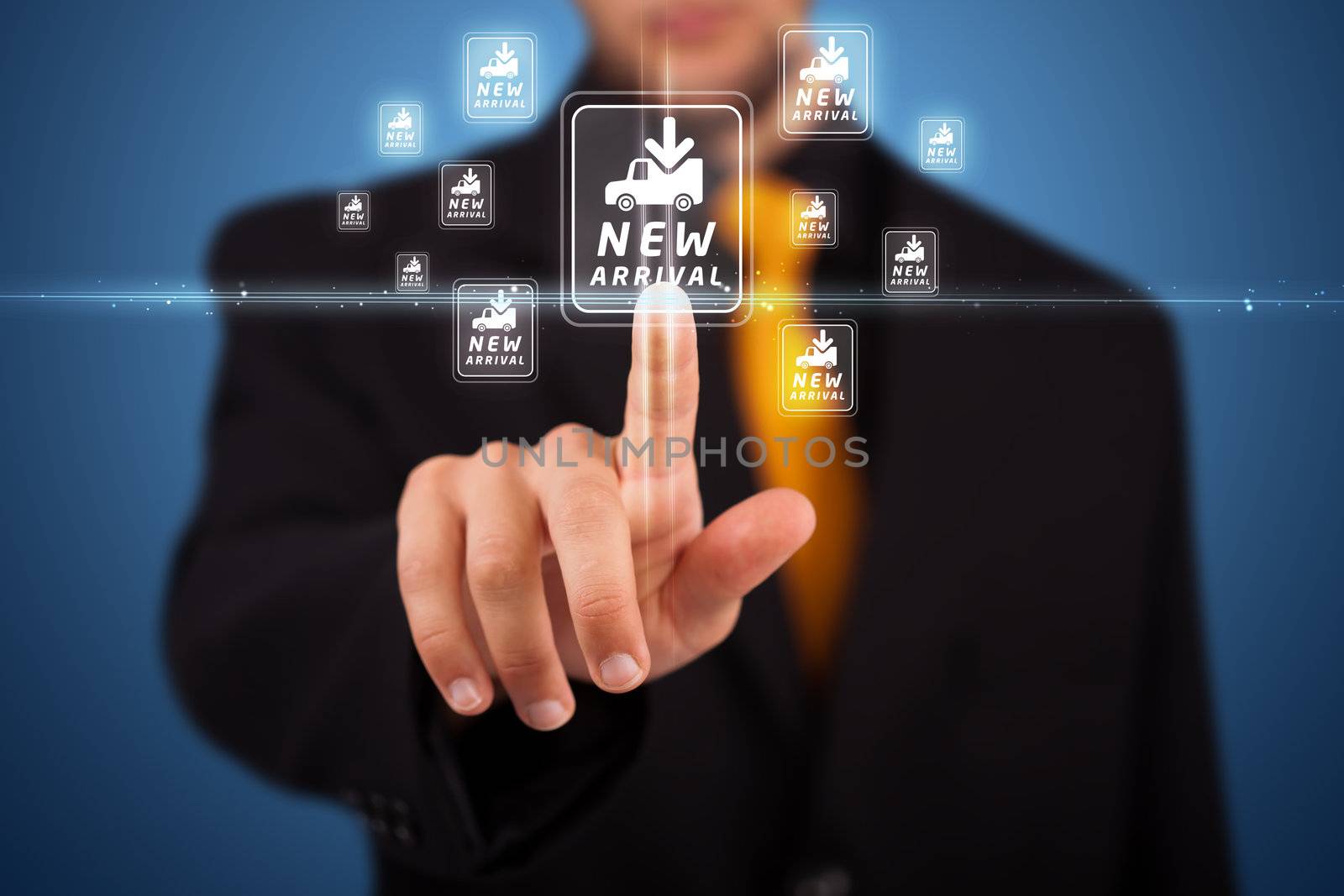 Businessman pressing promotion and shipping type of modern buttons