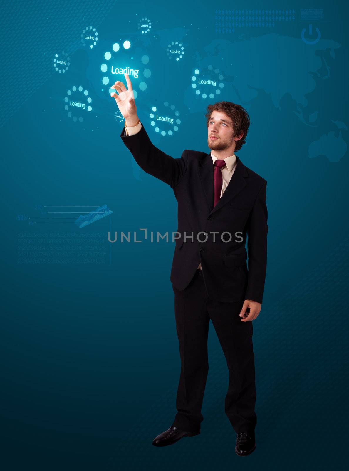 Businessman pressing simple start buttons on a virtual background
