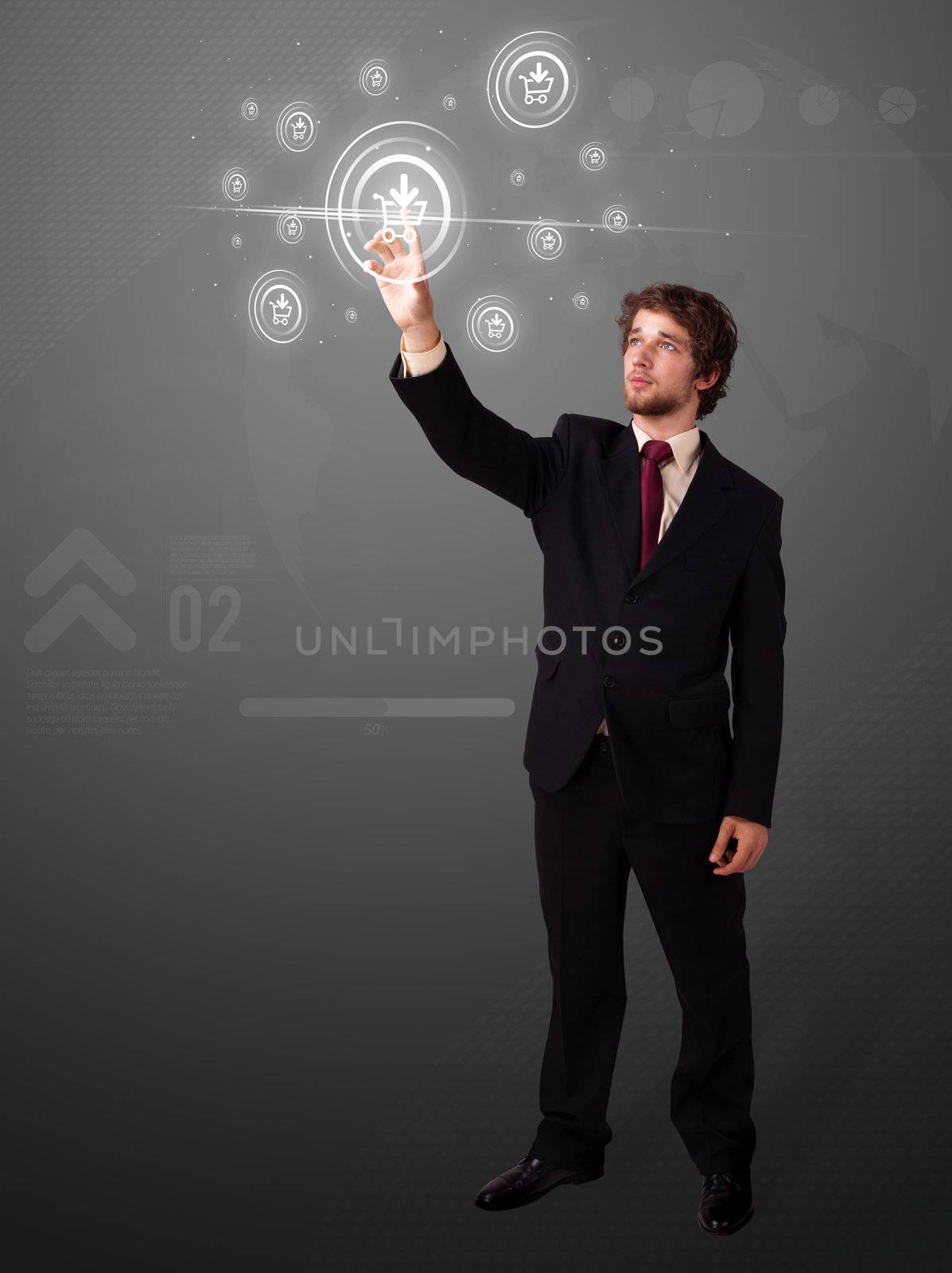 Businessman pressing virtual promotion and shipping type of icon by ra2studio
