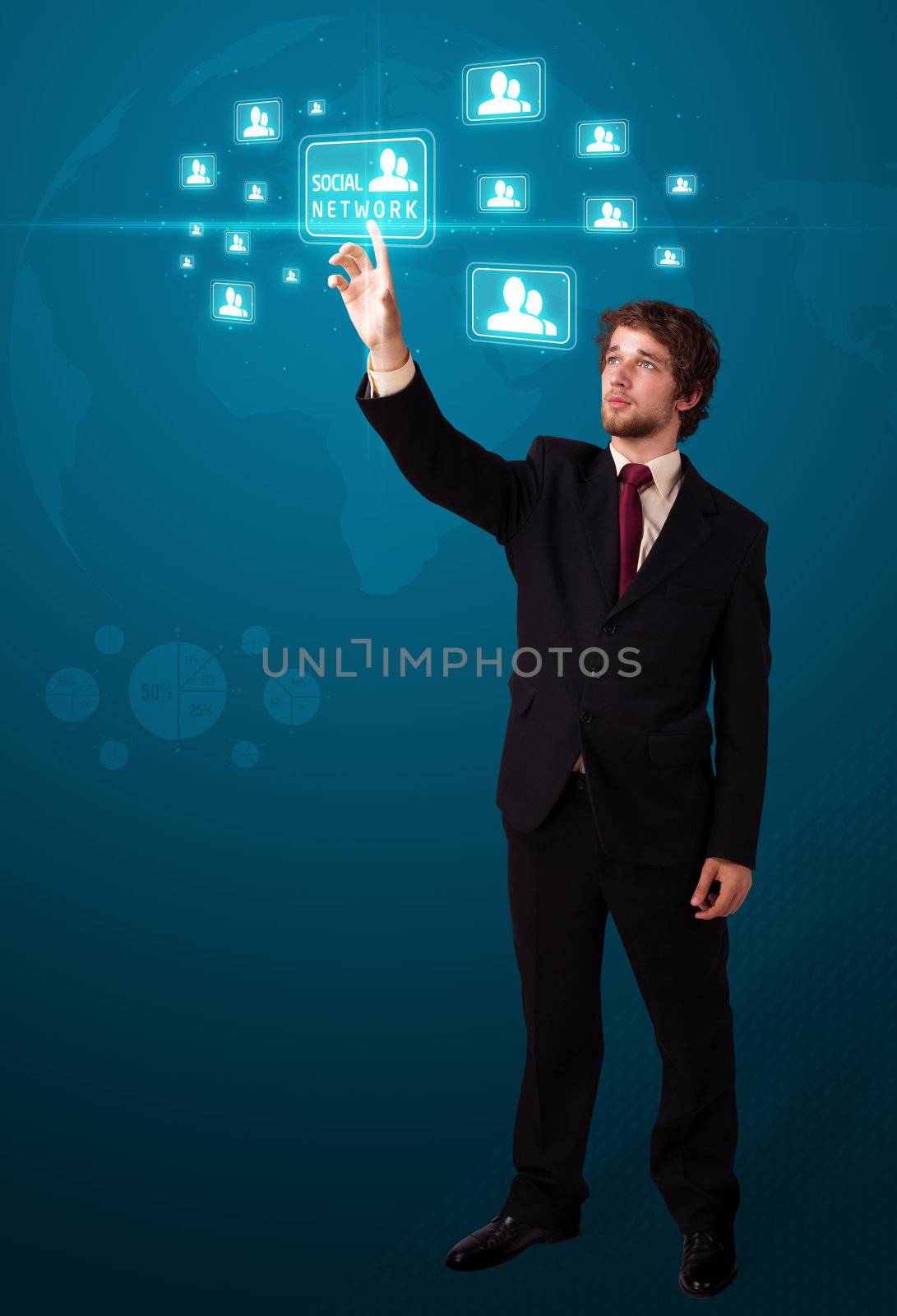 Businessman pressing modern social buttons on a virtual background