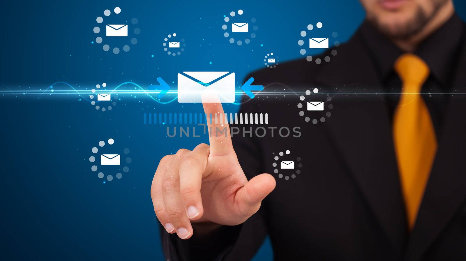 Businessman pressing messaging type of modern icons with virtual background