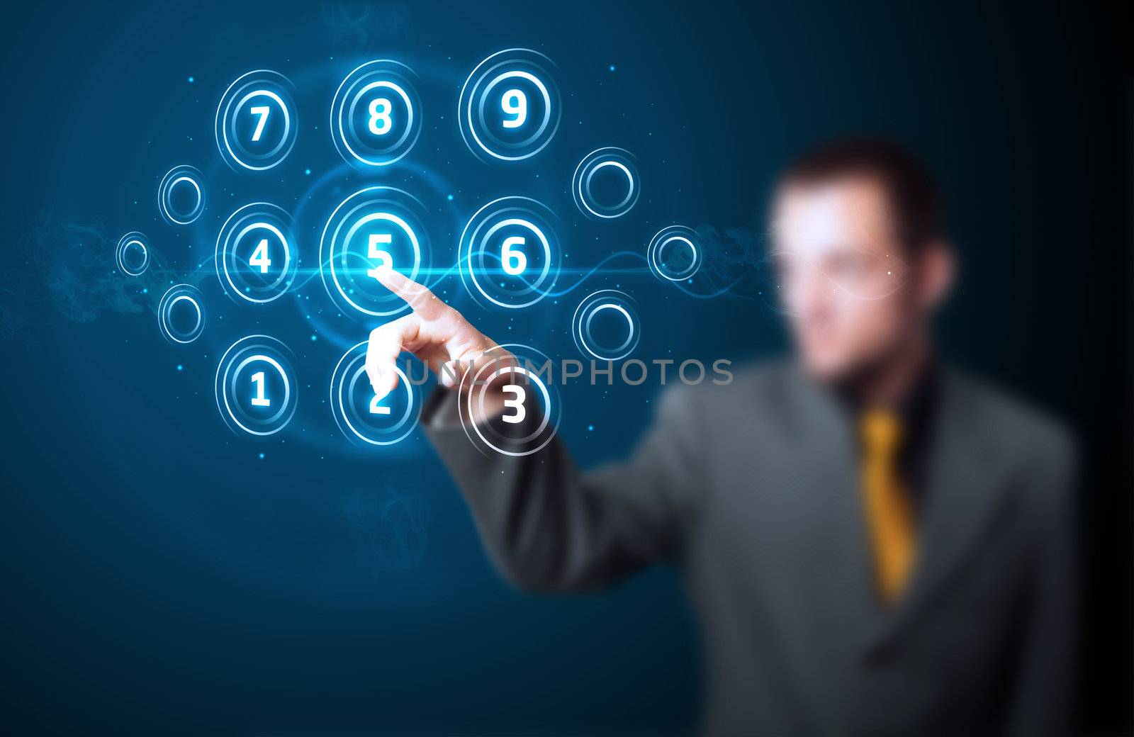 Businessman pressing high tech type of modern buttons on a virtual background