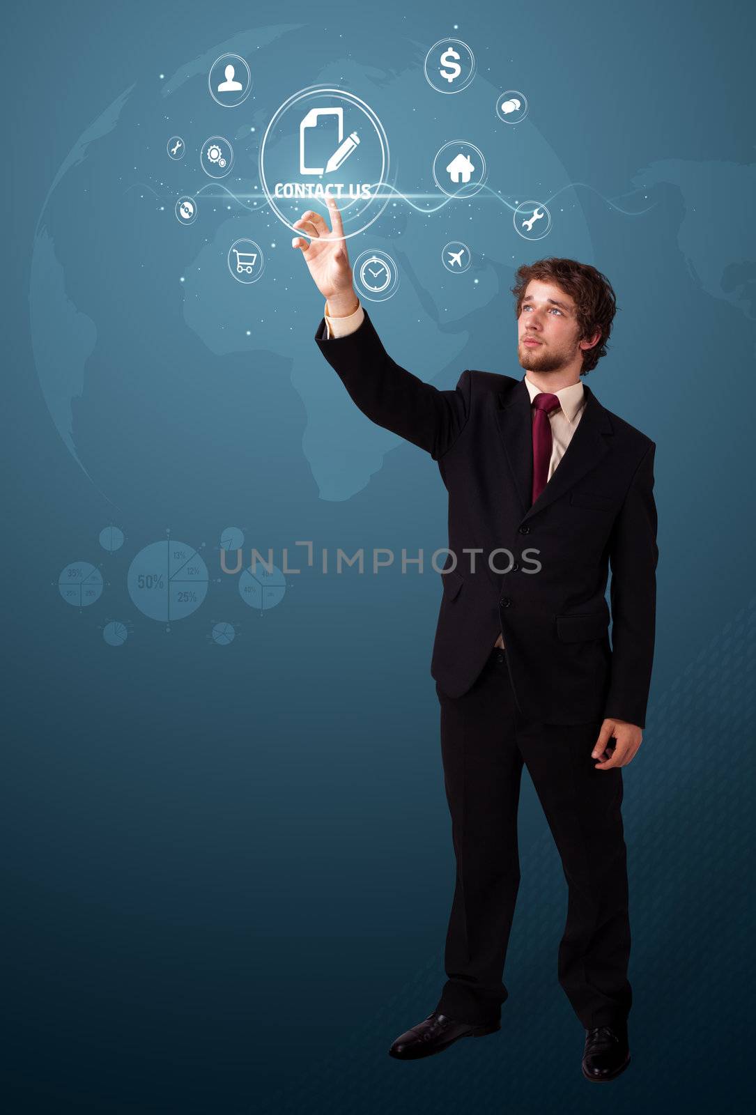 Businessman pressing messaging type of modern icons with virtual background