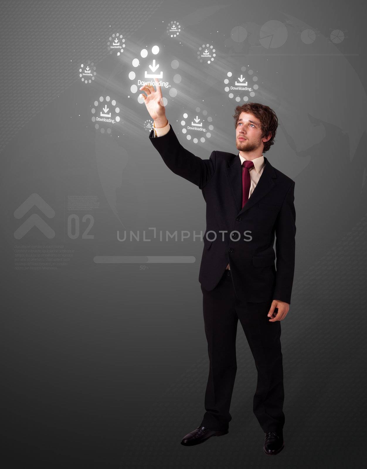 Businessman pressing simple start buttons on a virtual background