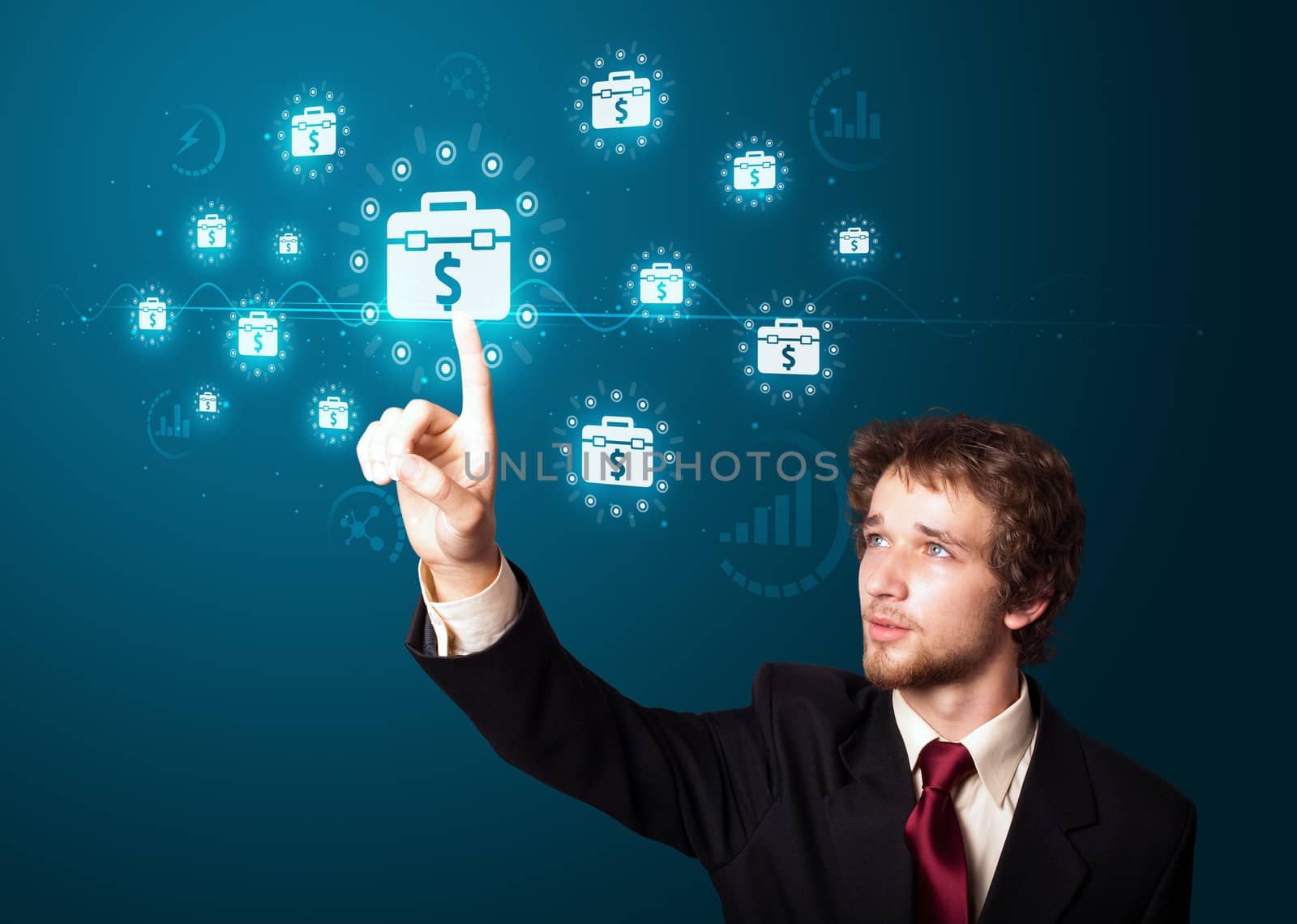 Businessman pressing business type of modern buttons with virtual background