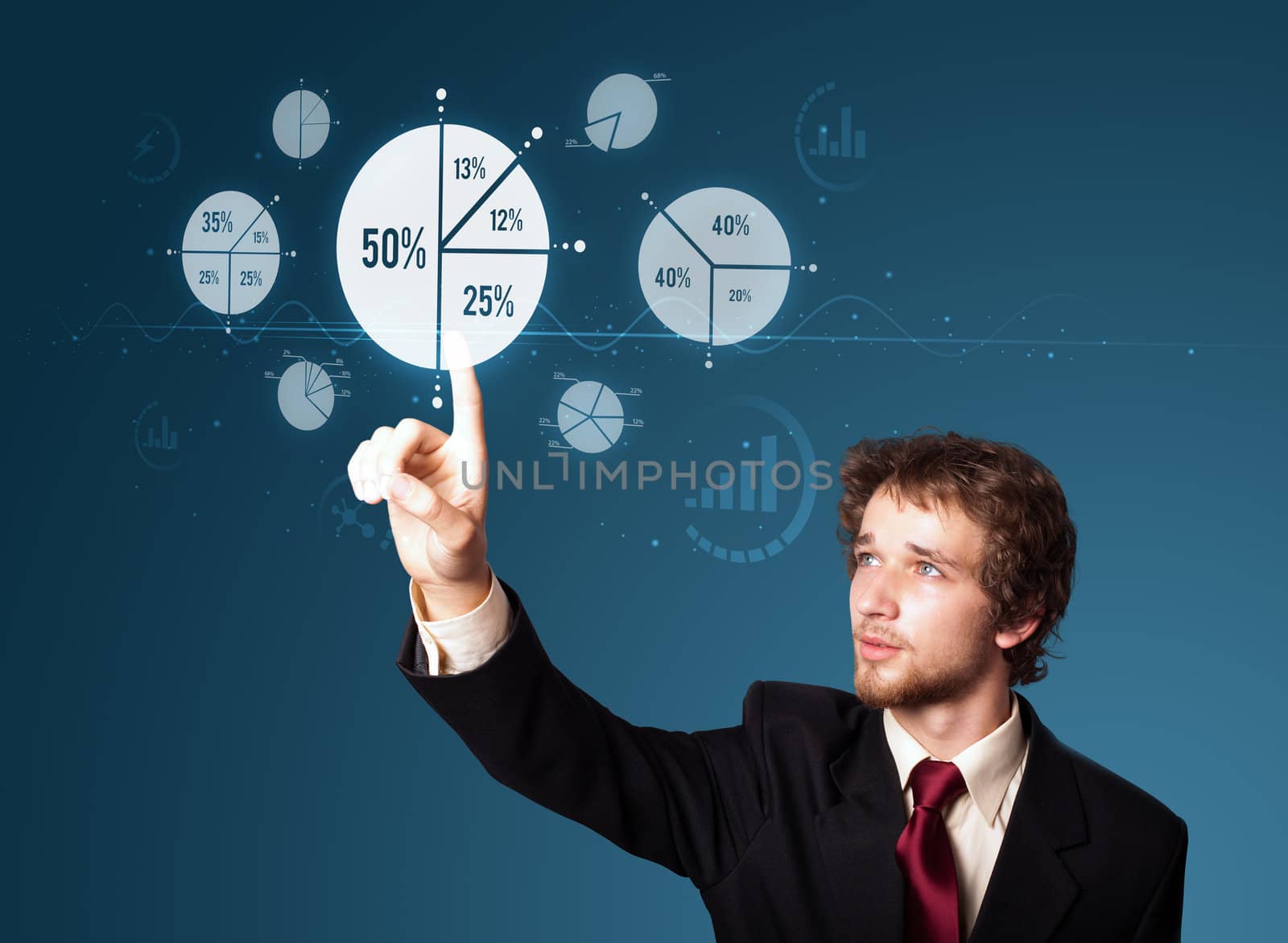 Businessman pressing business type of modern buttons with virtual background