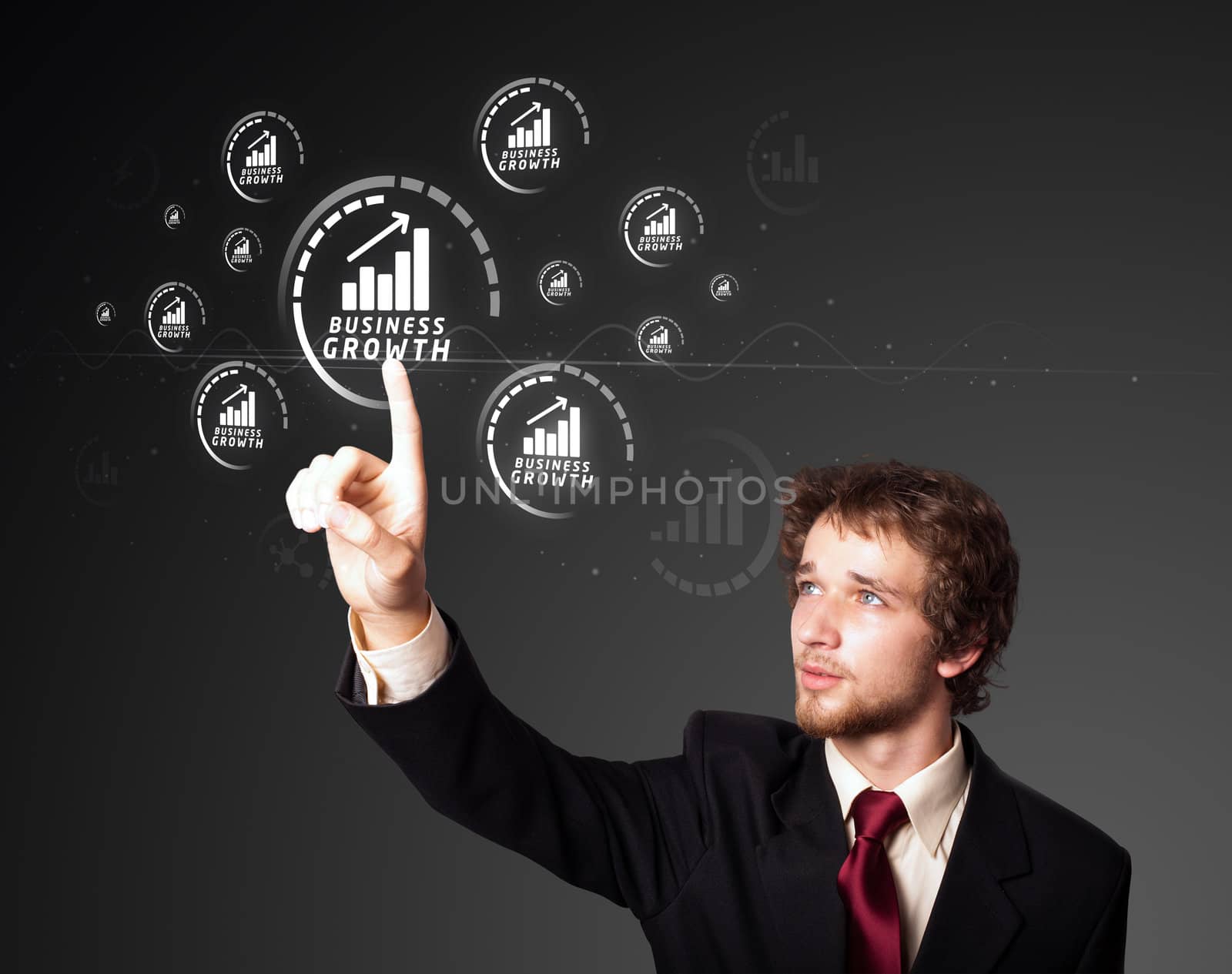 Businessman pressing business type of modern buttons with virtual background
