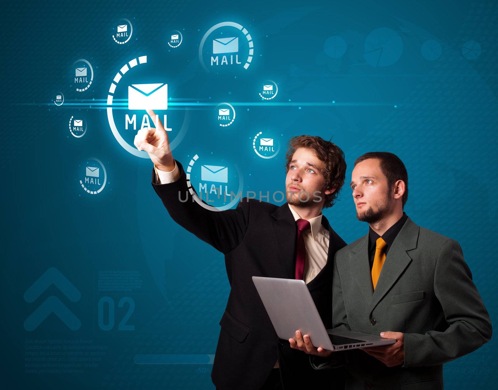 Businessman pressing messaging type of modern icons with virtual background