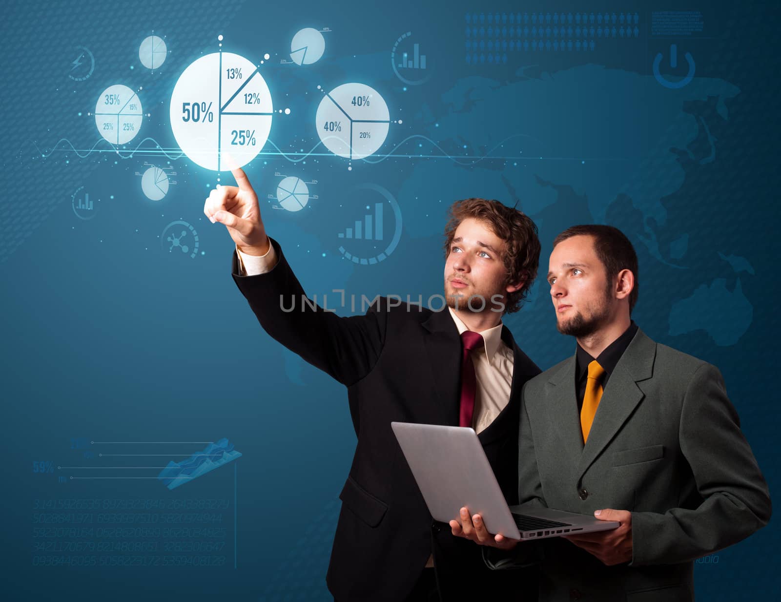 Businessman pressing business type of modern buttons with virtual background