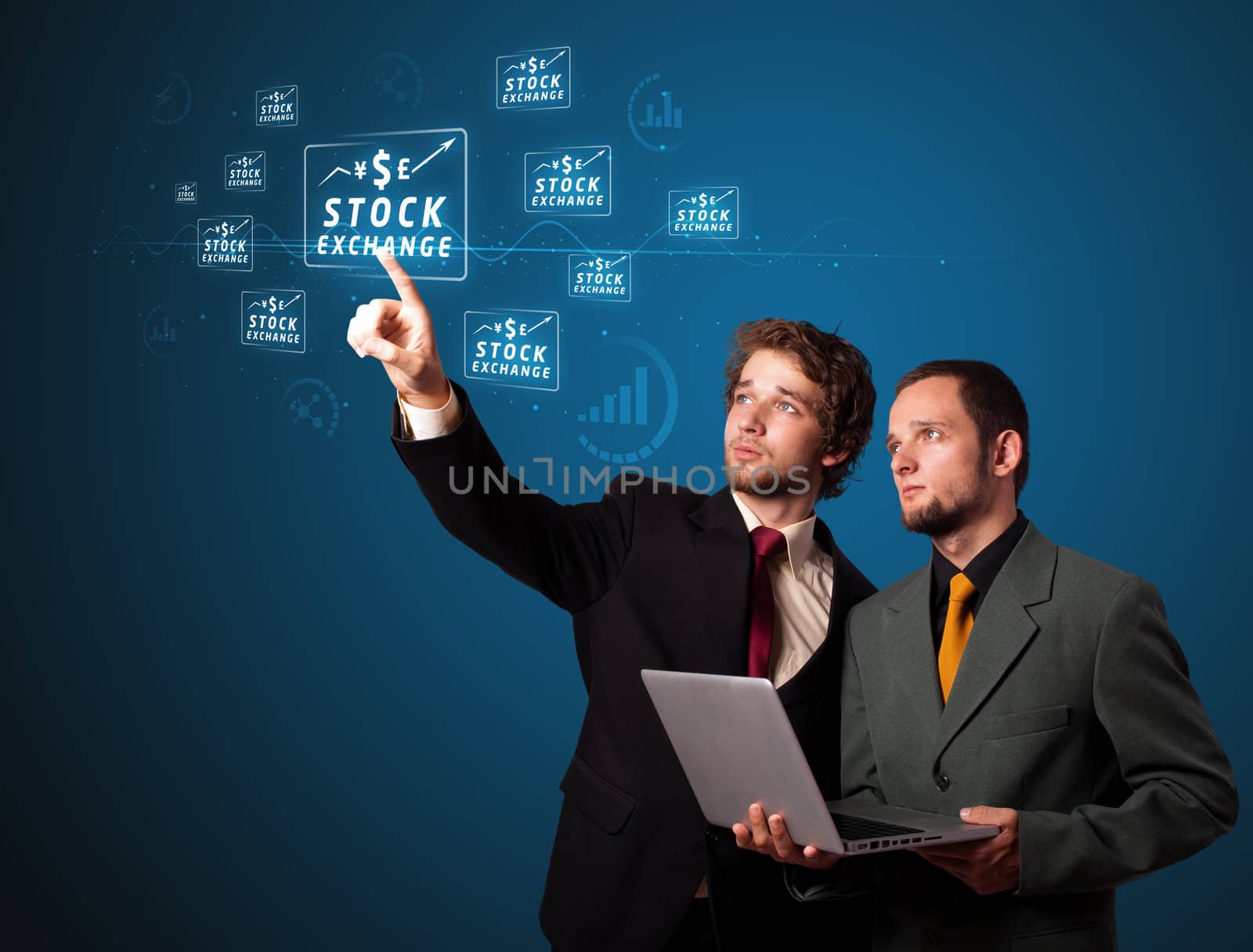 Businessman pressing business type of modern buttons with virtual background