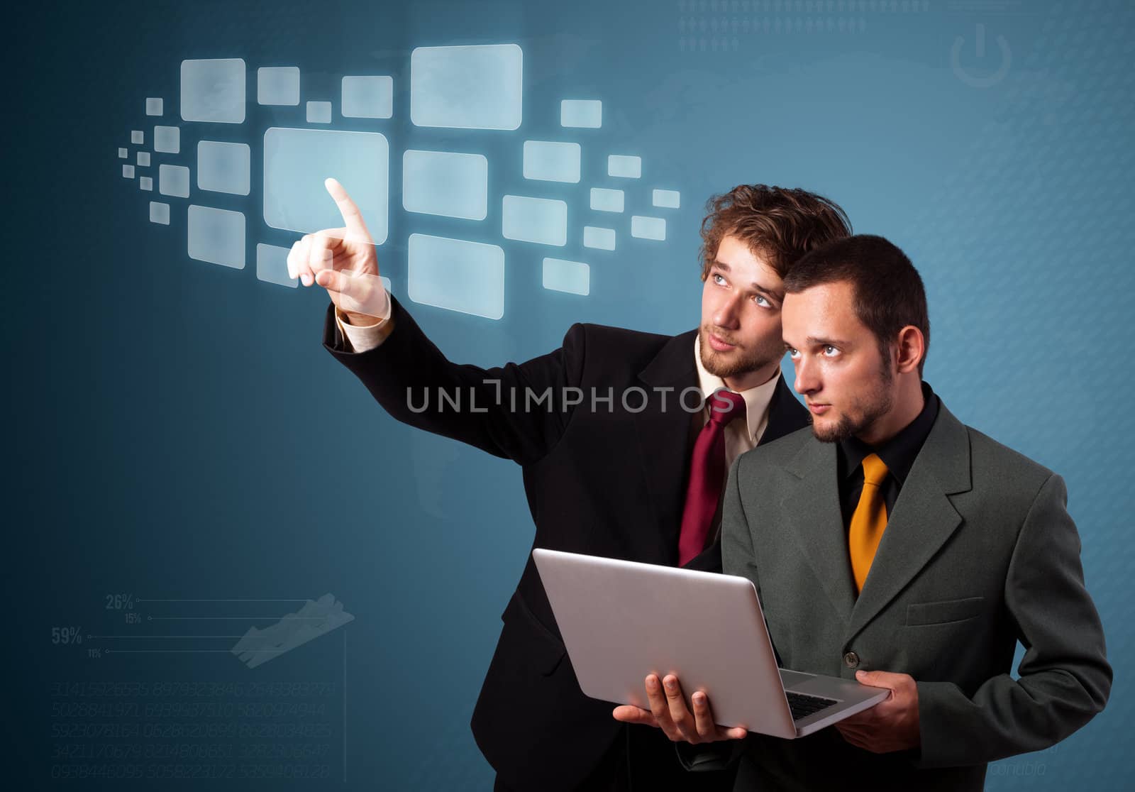 Businessman pressing high tech type of modern buttons on a virtual background