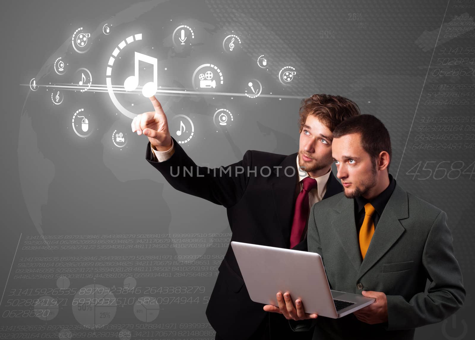 Businessman pressing multimedia type of modern buttons with virtual background