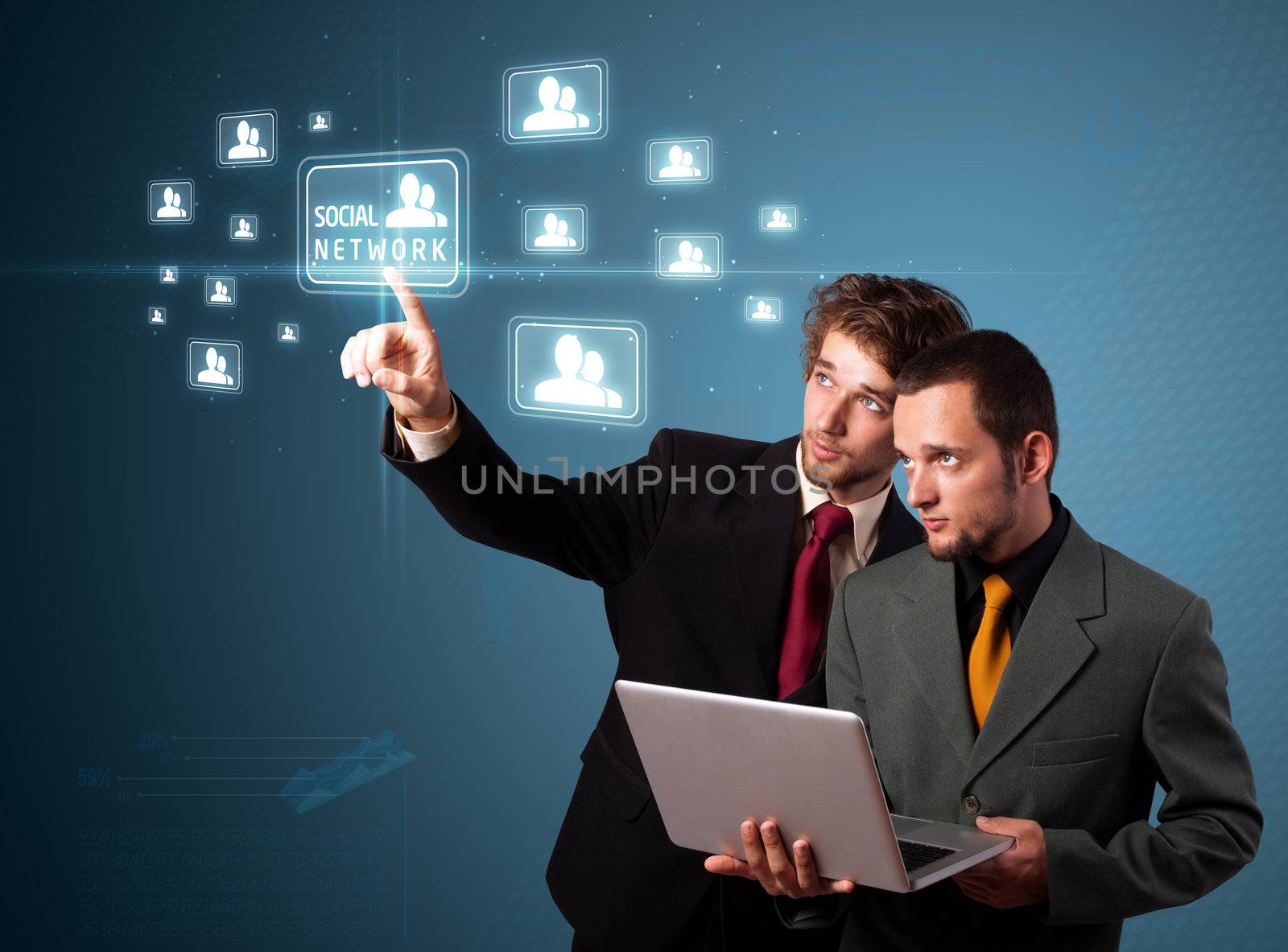 Businessman pressing modern social buttons on a virtual background