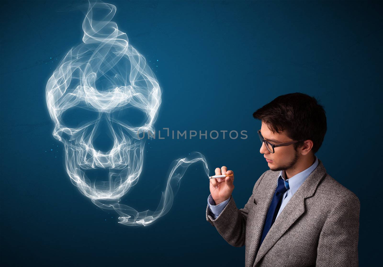 Handsome young man smoking dangerous cigarette with toxic skull smoke