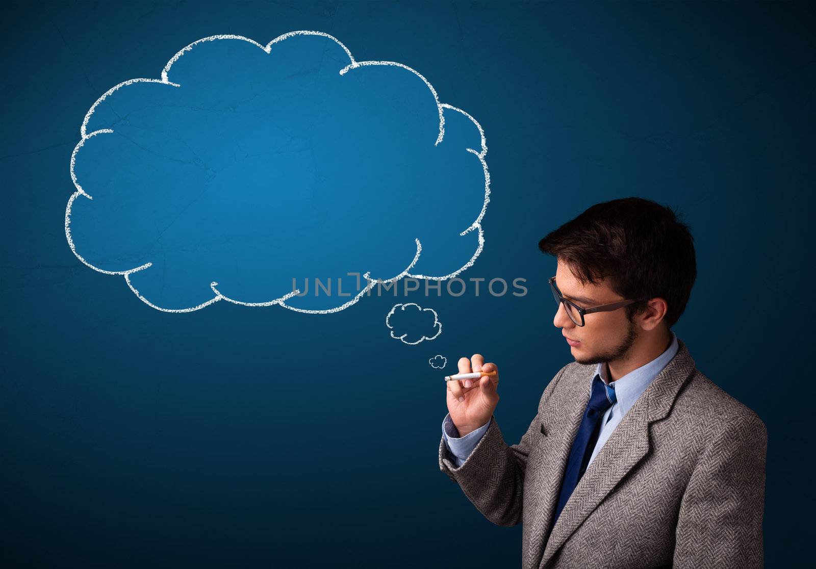 Young man smoking cigarette with idea cloud by ra2studio
