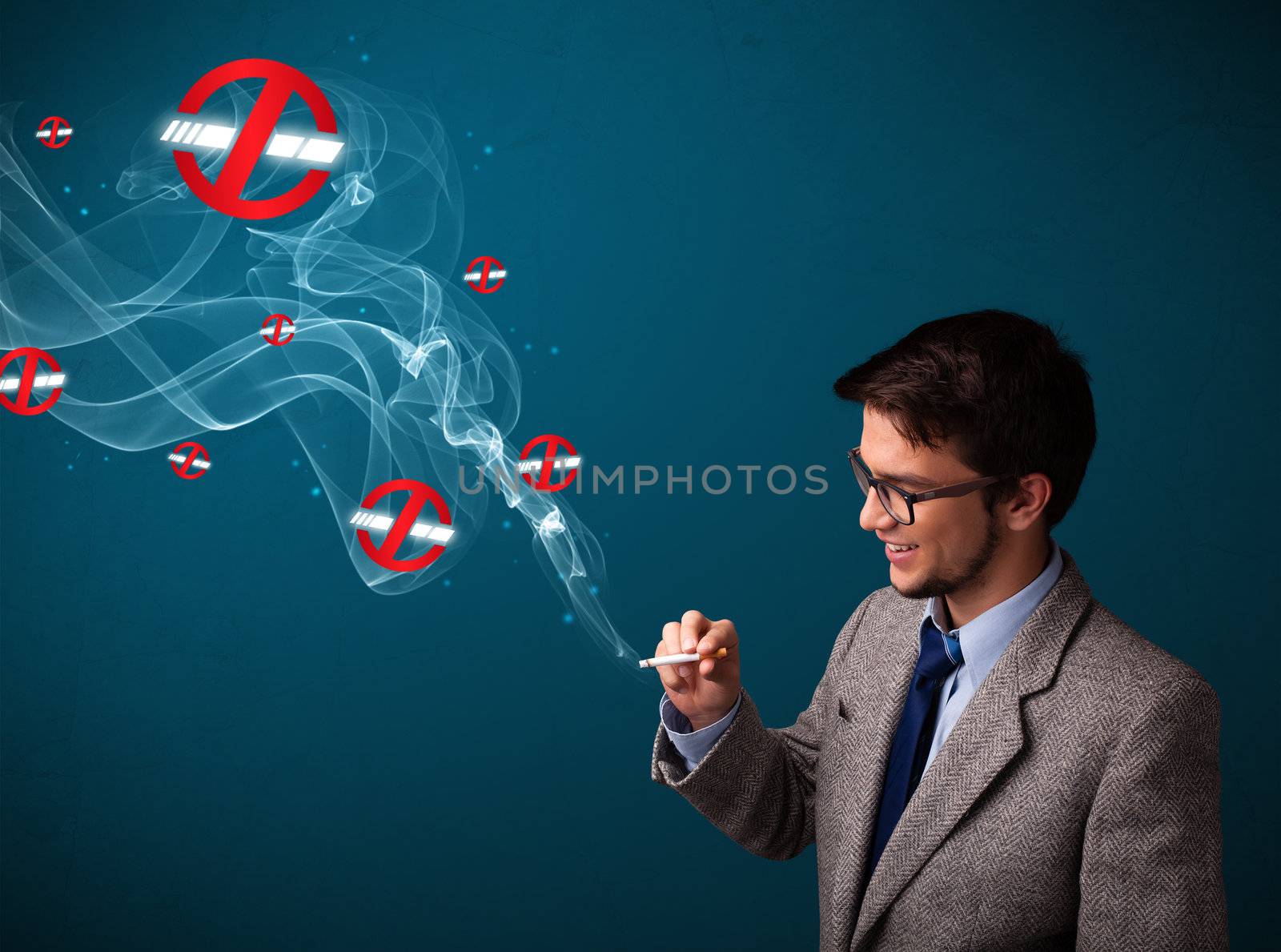 Attractive young man smoking dangerous cigarette with no smoking signs
