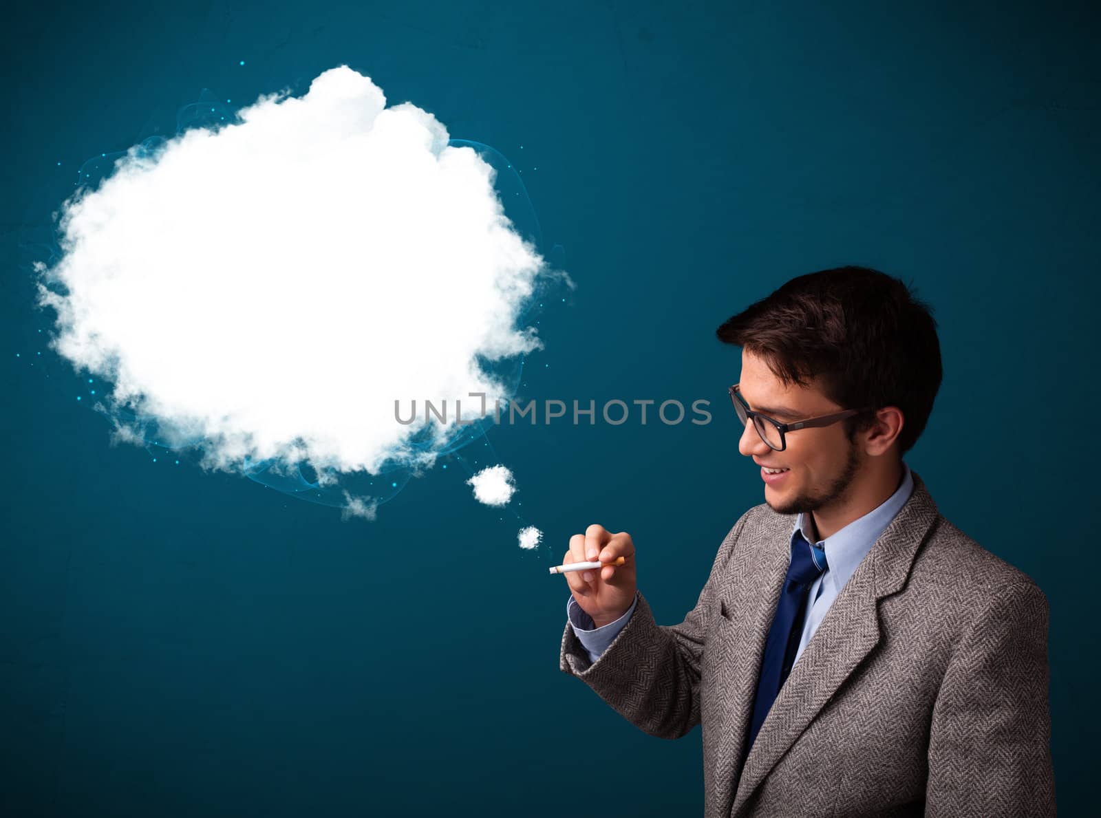 Young man smoking unhealthy cigarette with dense smoke by ra2studio