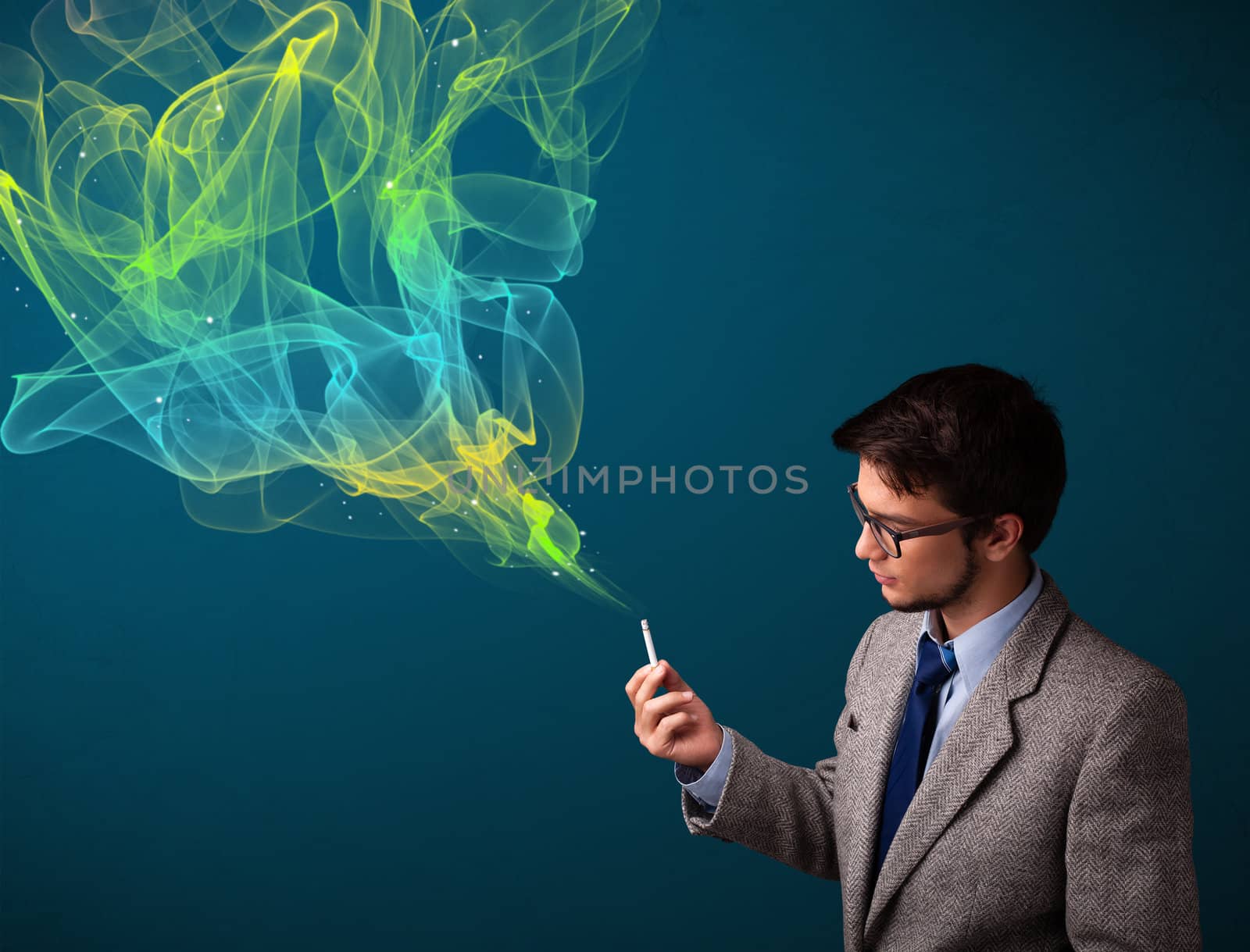 Handsome man smoking cigarette with colorful smoke by ra2studio