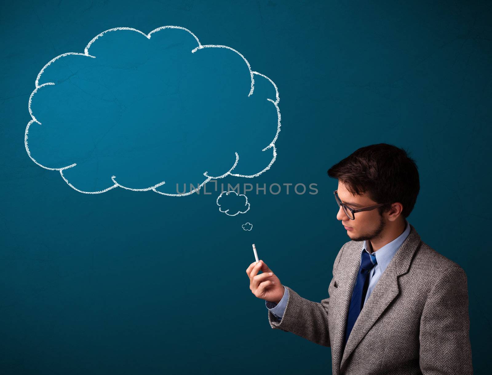 Young man smoking cigarette with idea cloud by ra2studio
