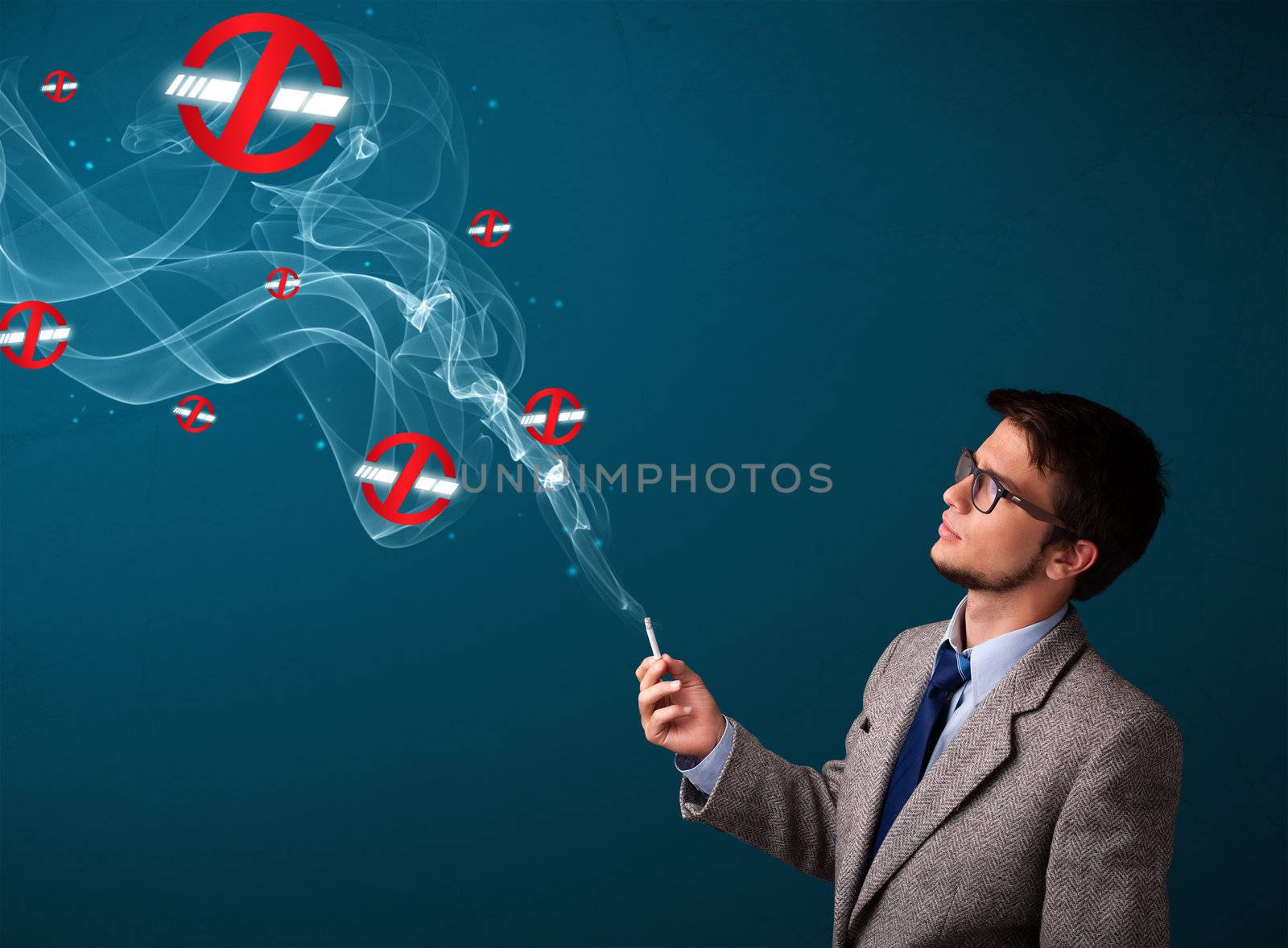 Attractive man smoking dangerous cigarette with no smoking signs by ra2studio